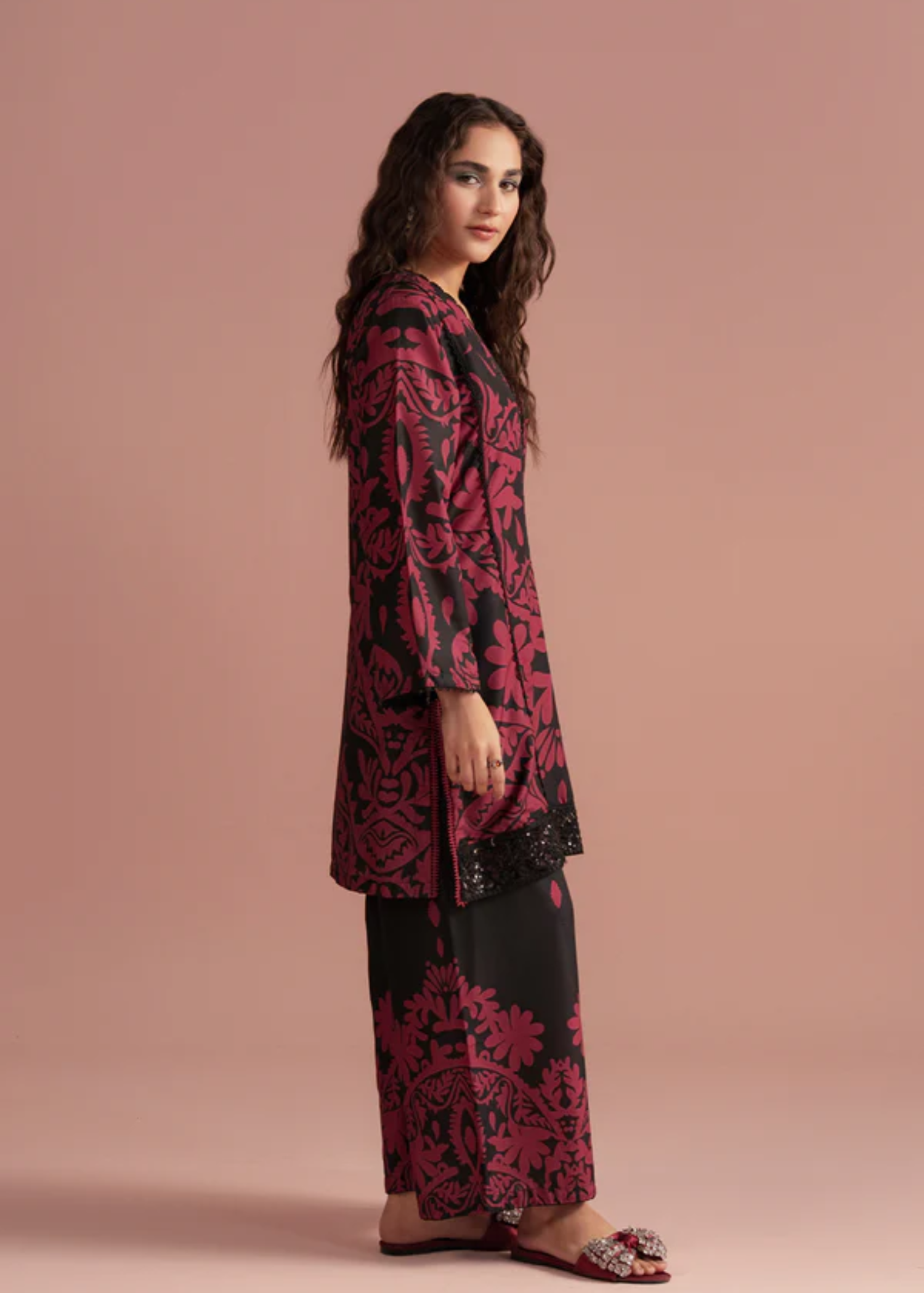 poly lawn Co Ord Sets in Black, blood red