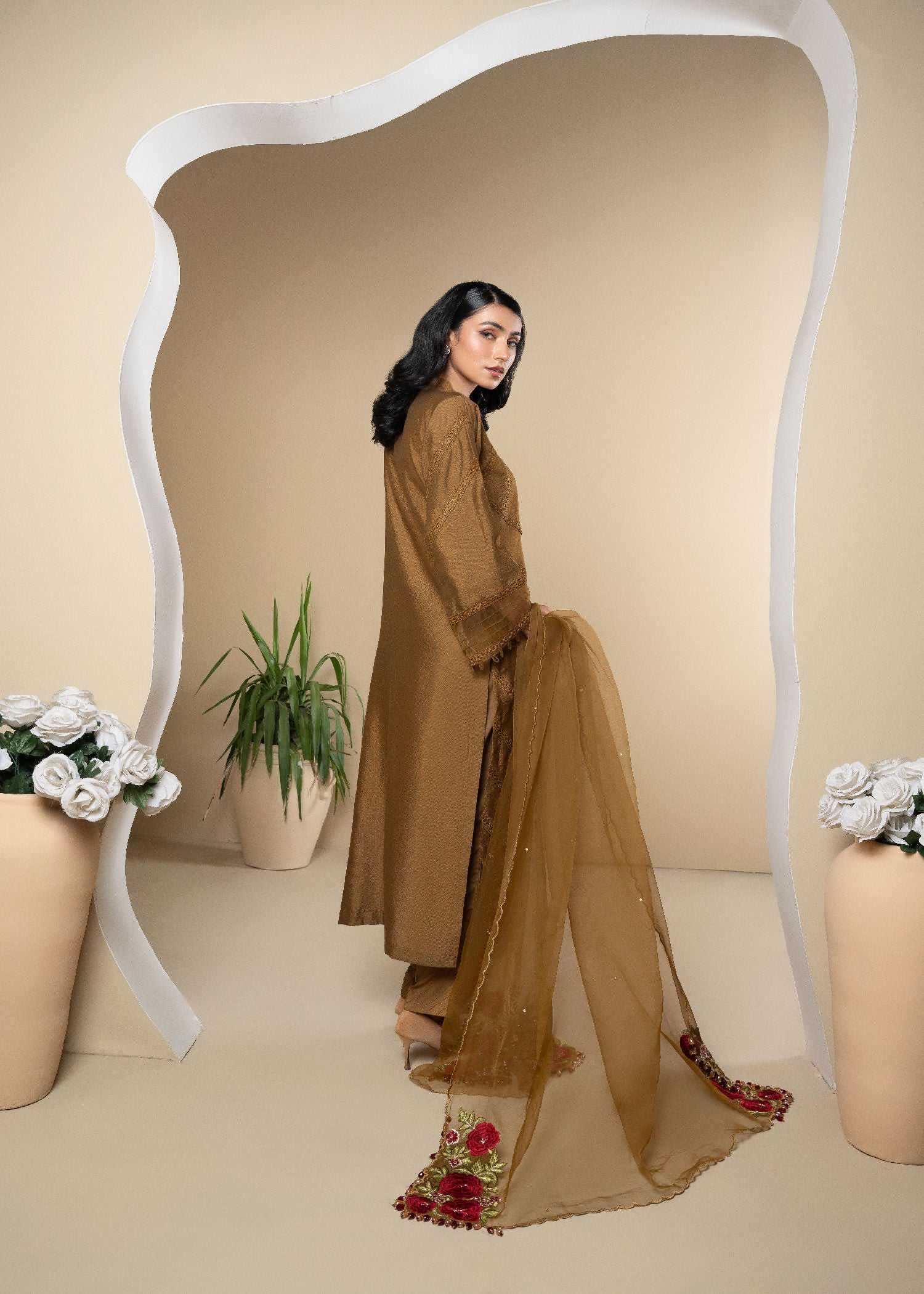 silk cotton net Kurta Set in Brown
