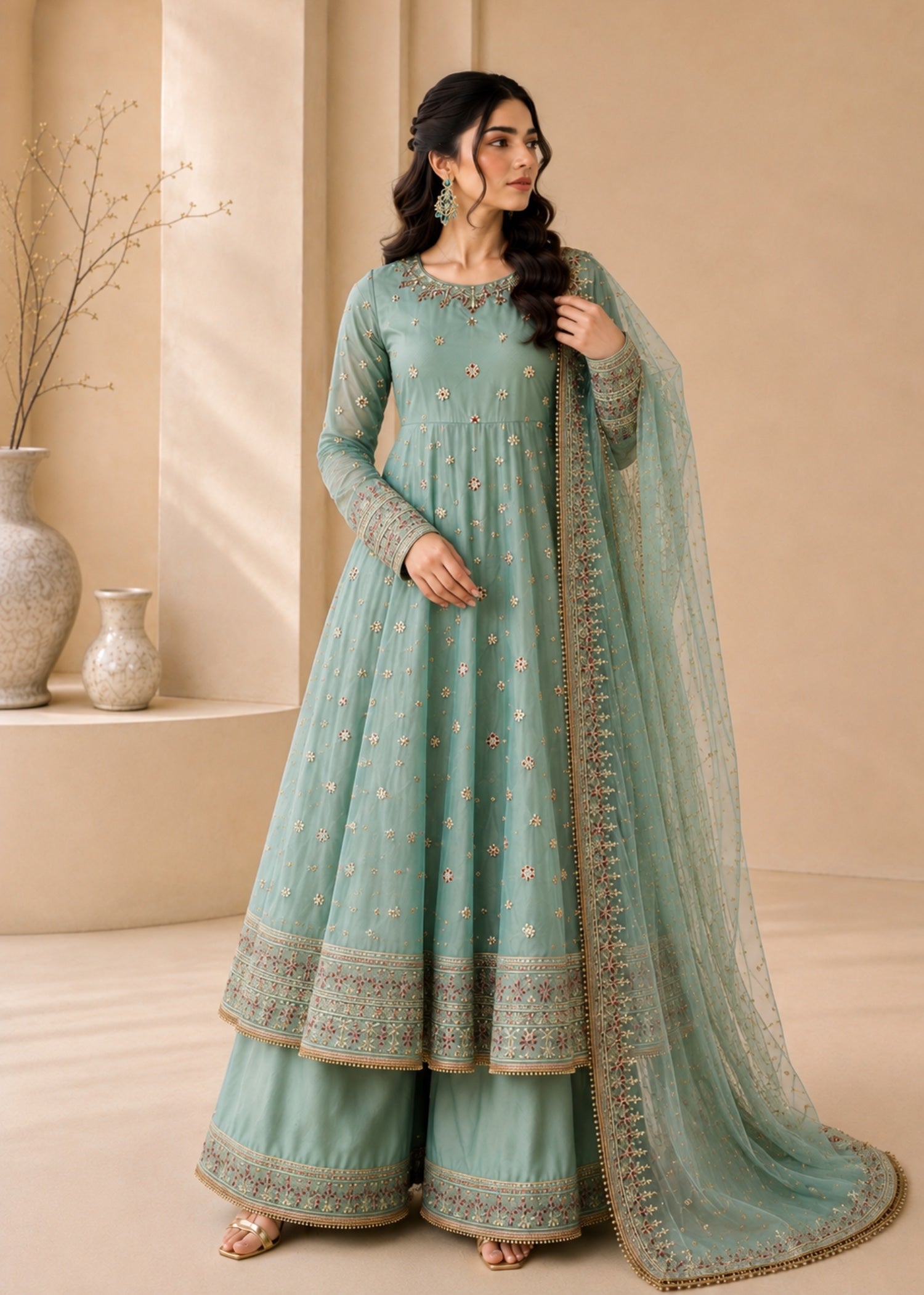 silk Pishwas in Aquamarine