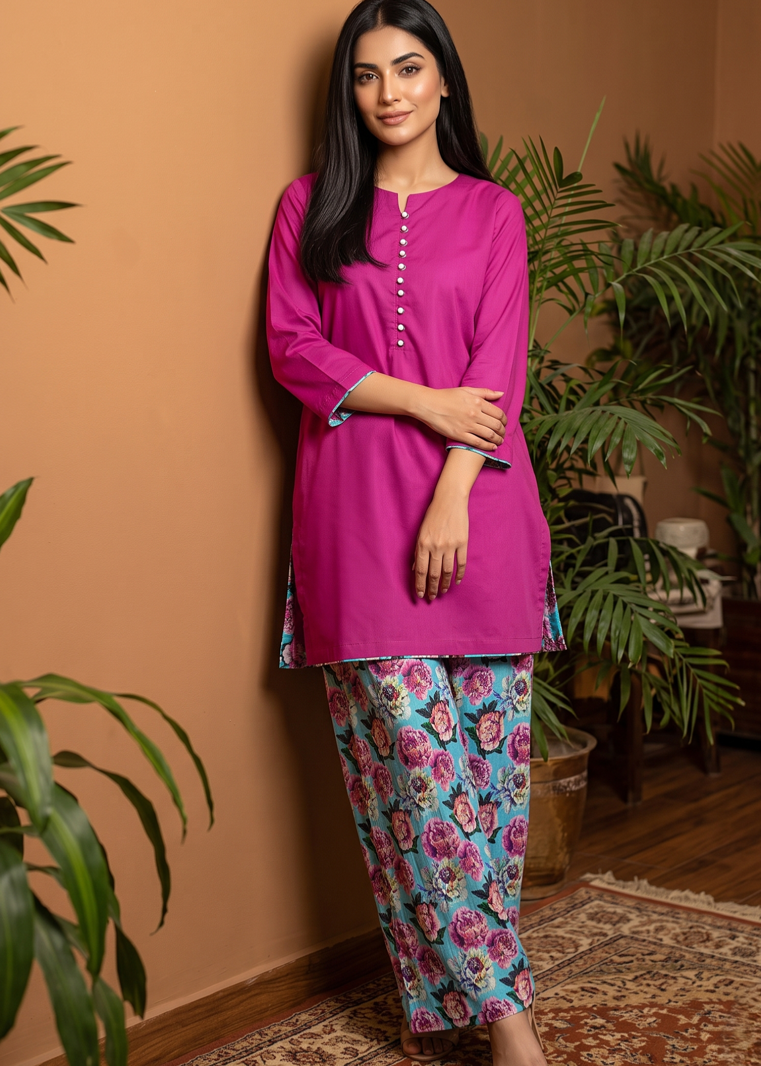 lawn cotton Kurta Set in Magenta haze