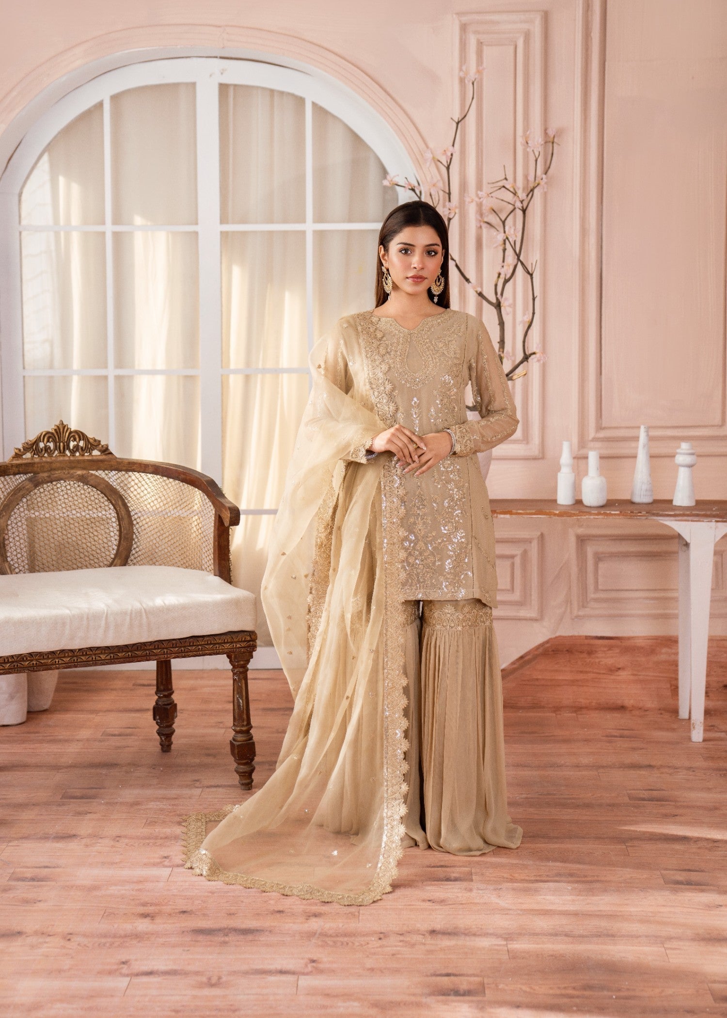 bemberg crinkle chiffon Gharara in Gold