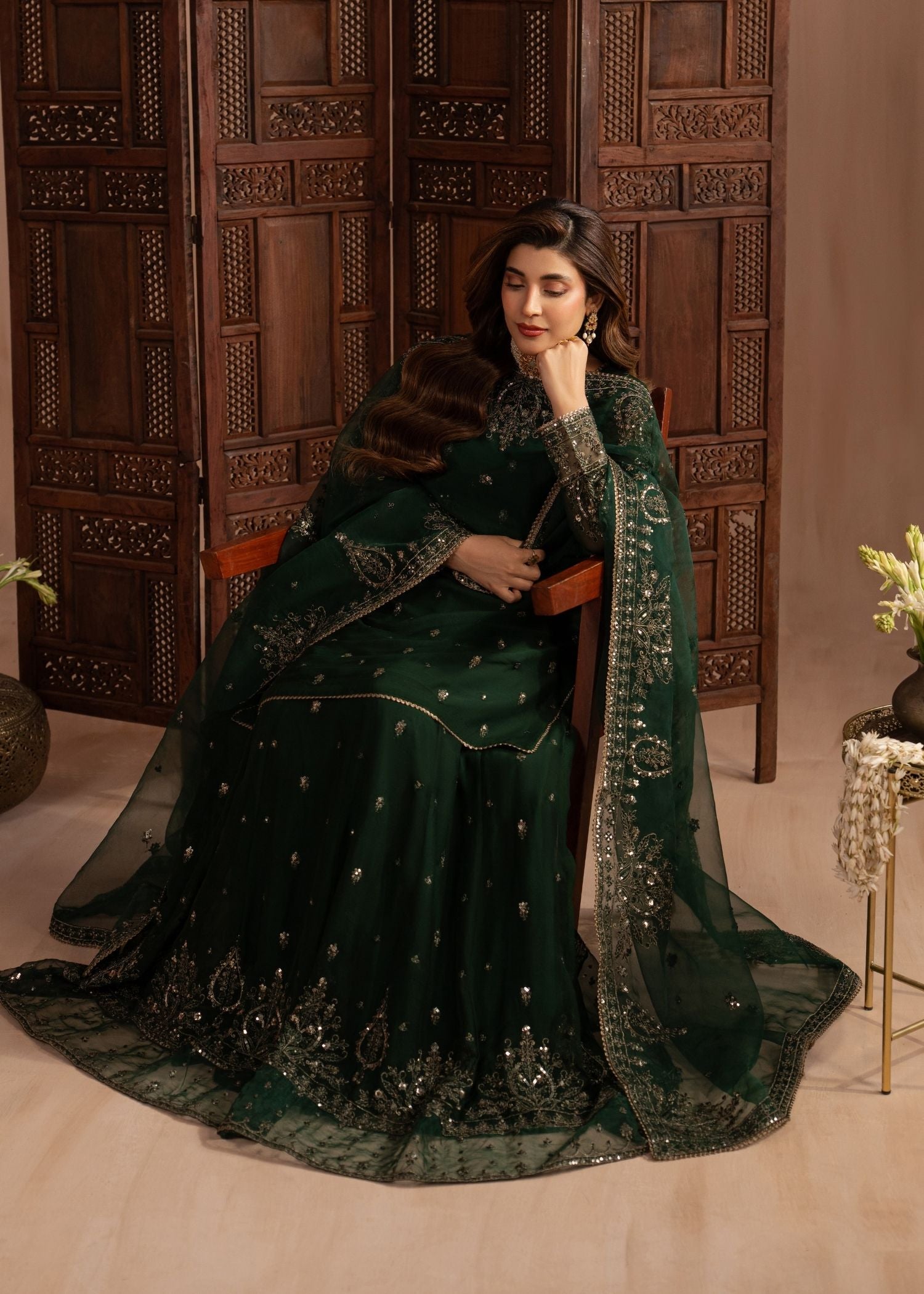 chiffon Lehenga in Bottle green