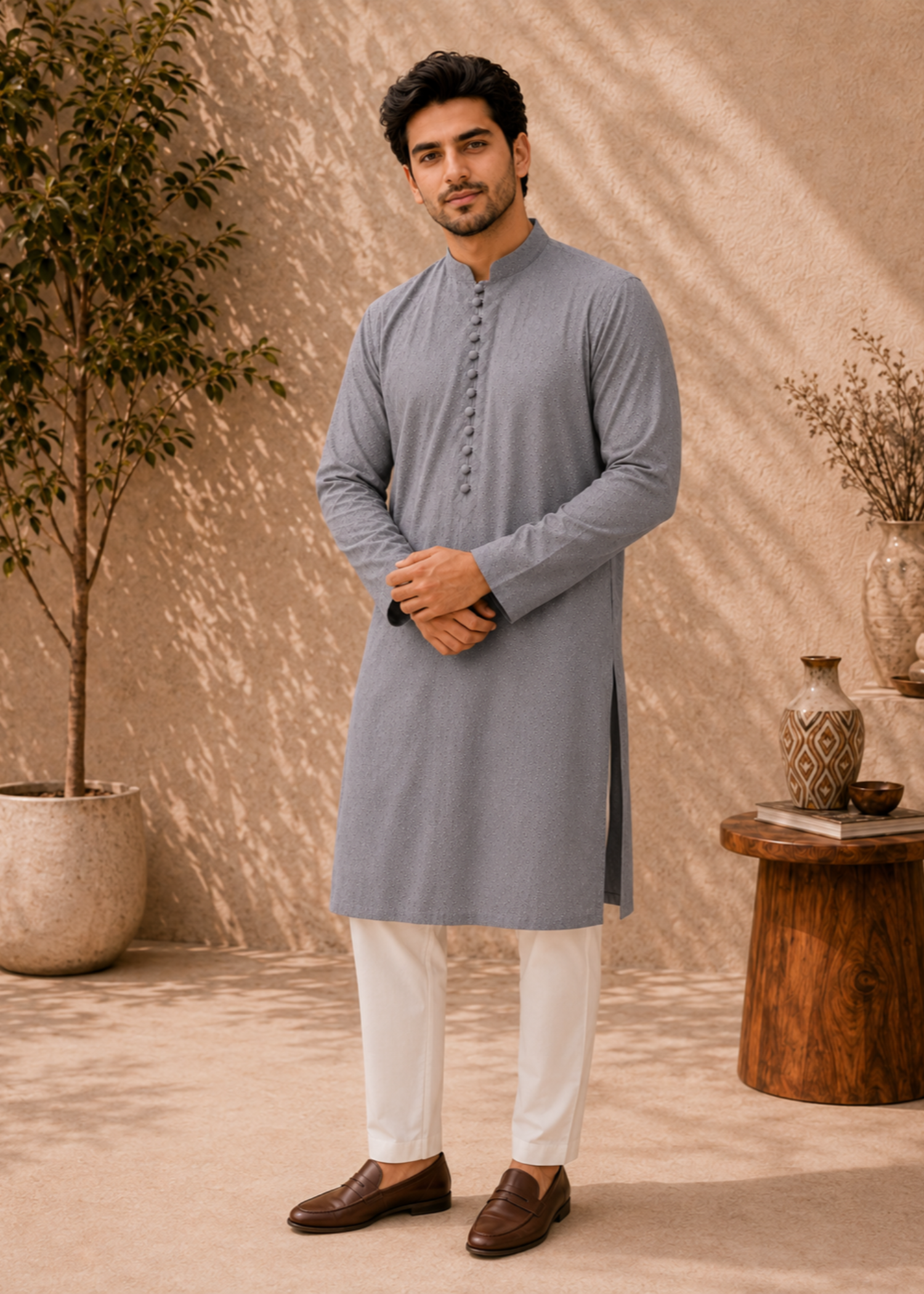 lawn cotton Kurta Set in Slate grey