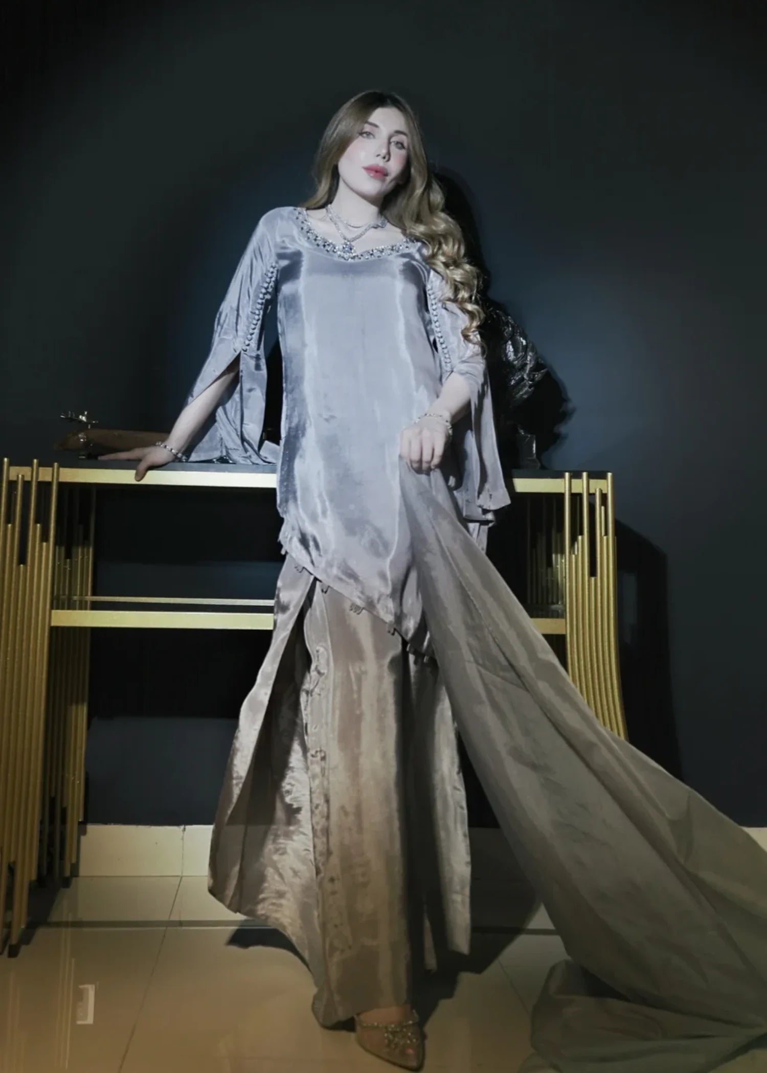tissue silk Kurta Set in Grey