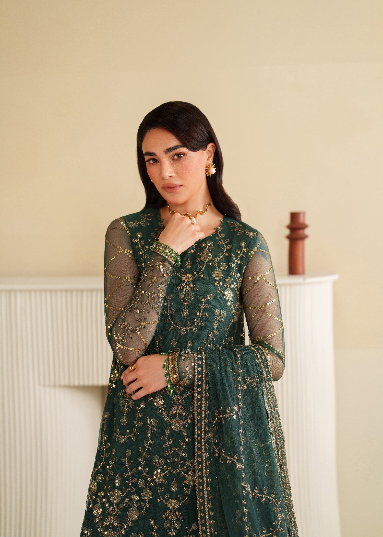 khaddi net Kurta Set in Green