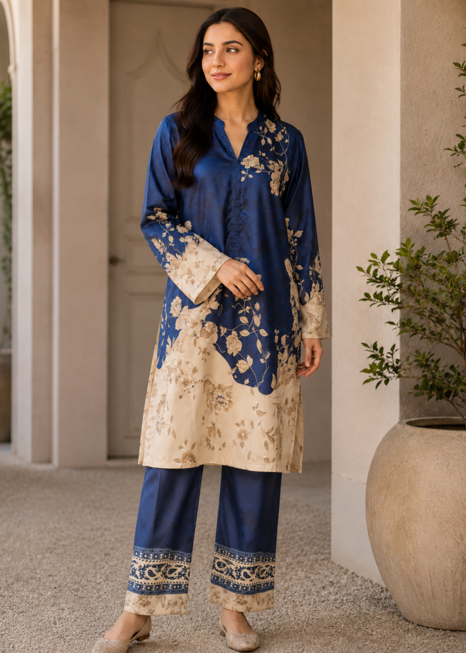 poly lawn Co Ord Sets in Cream, blue