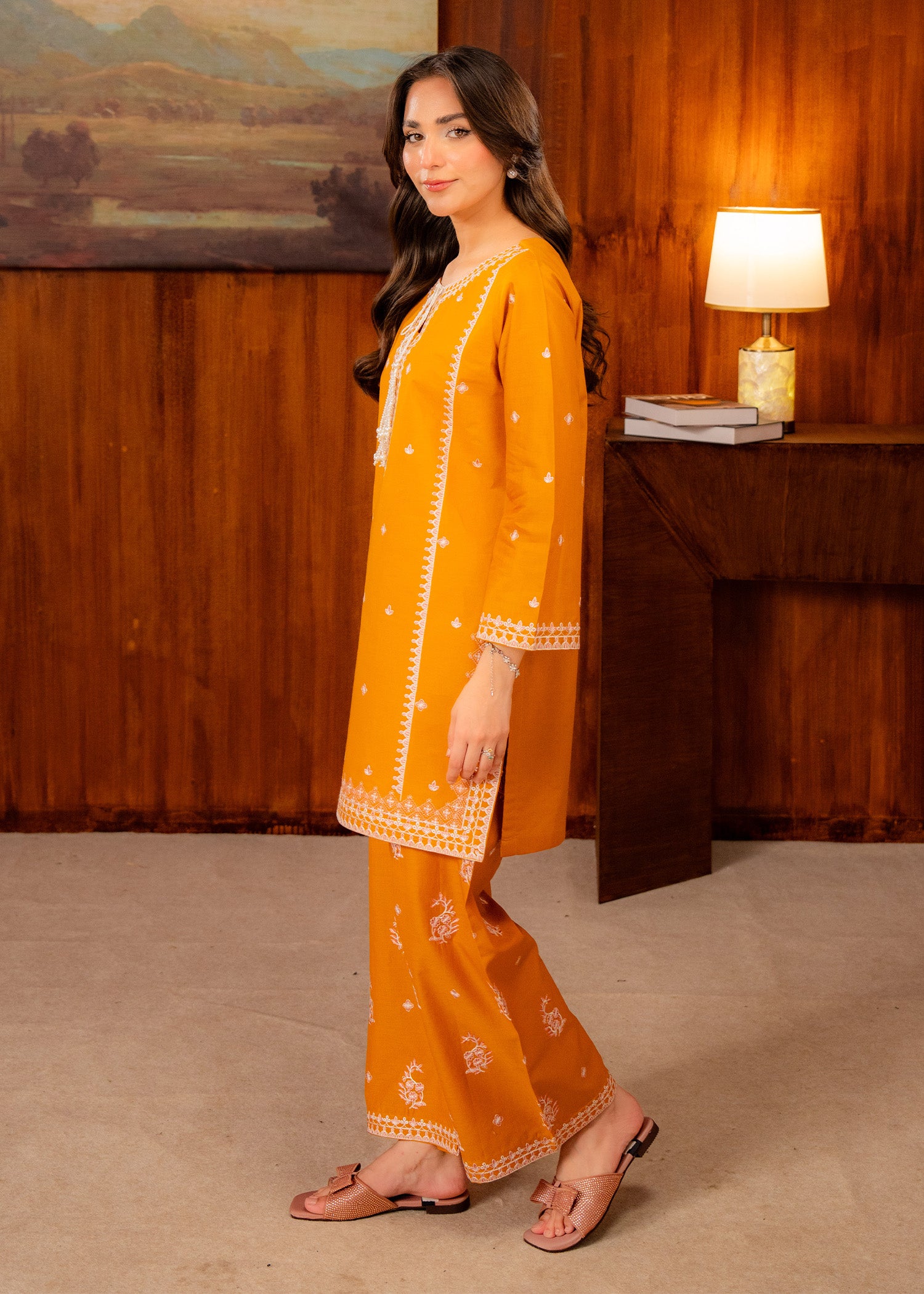 lawn Kurta Set in White, mustard