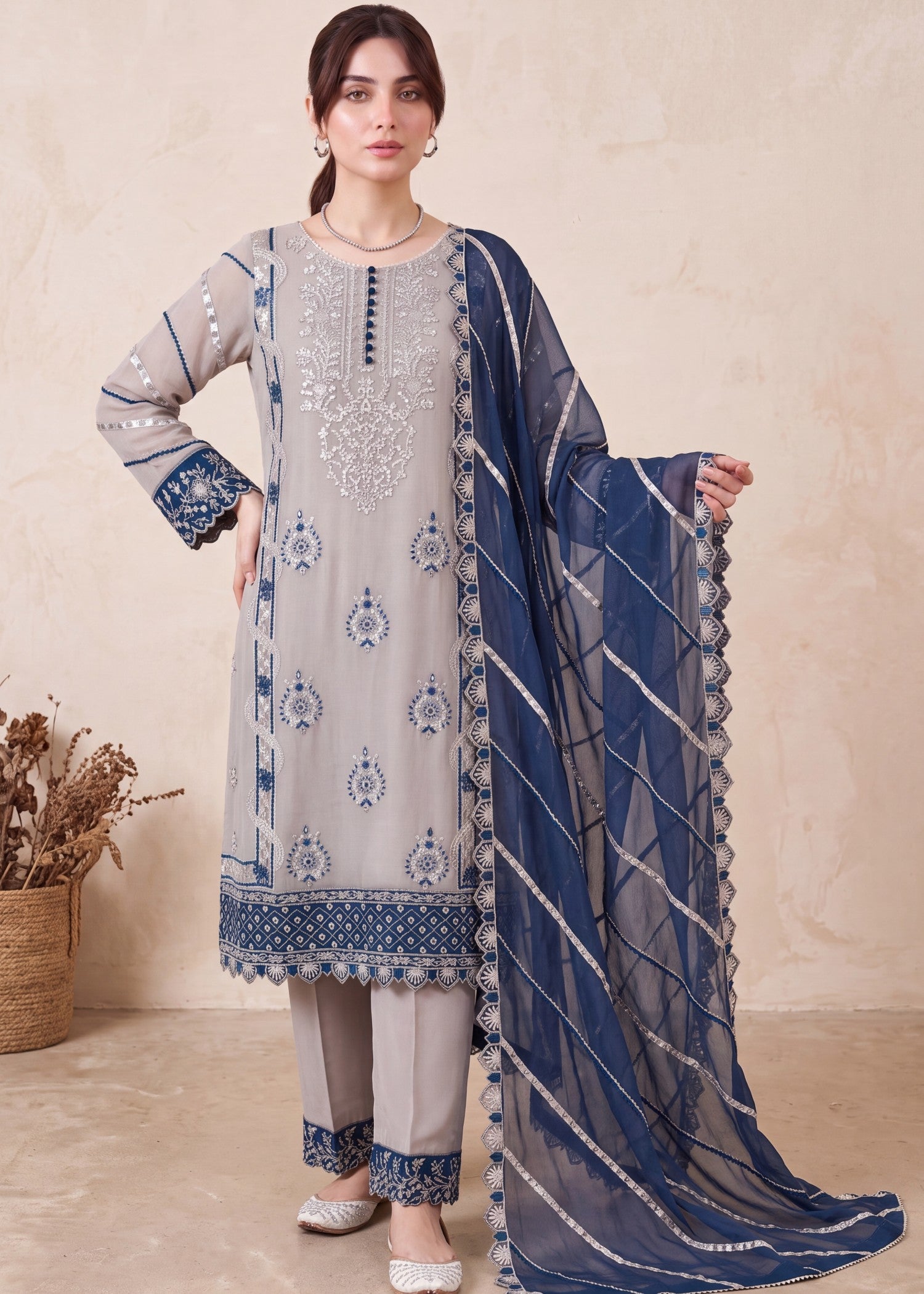 pk crinkle chiffon Kurta Set in Aegean blue, pastel grey