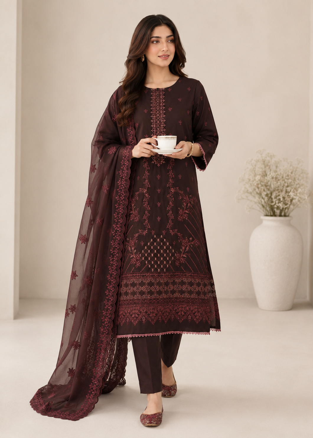 lawn Kurta Set in Chestnut brown