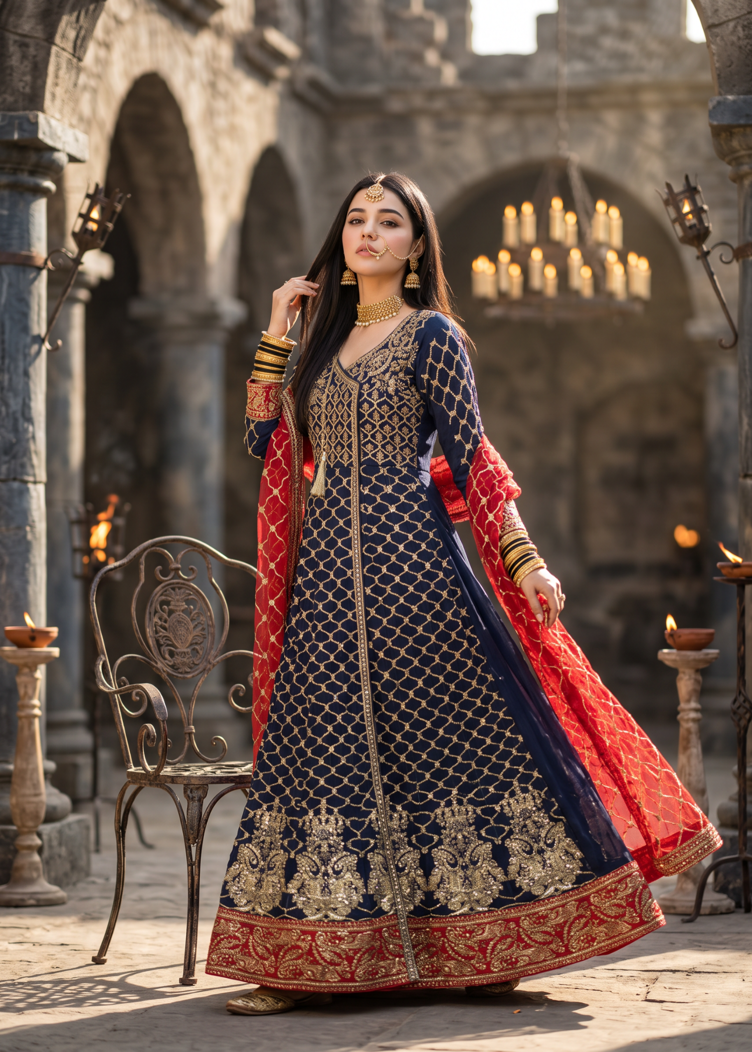 chiffon Angrakha in Navy blue, red