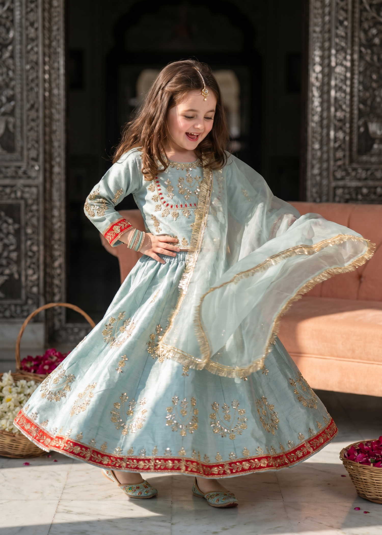 indian raw silk Lehenga in Ice blue