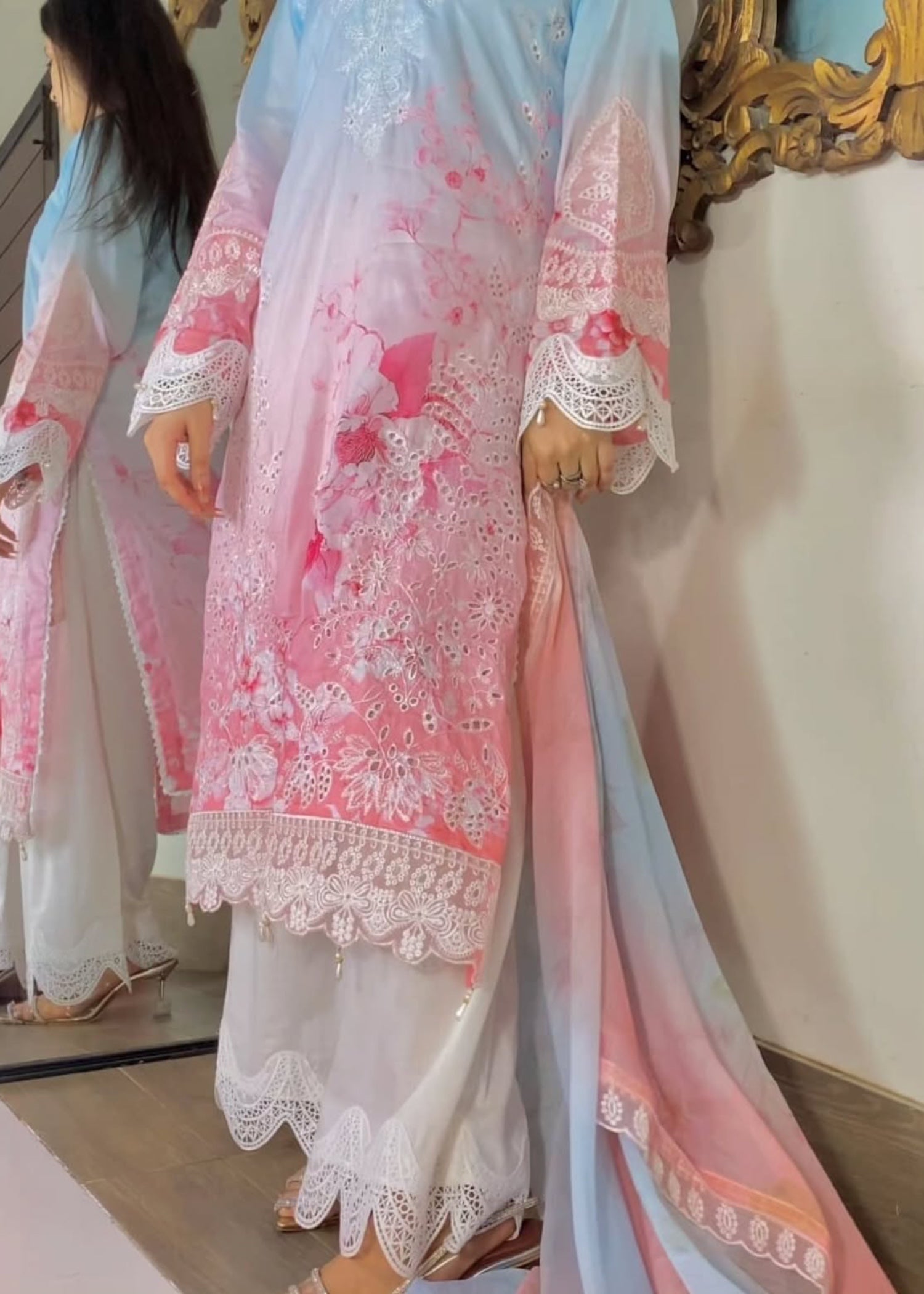 lawn Kurta Set in Multi, pink, sky blue