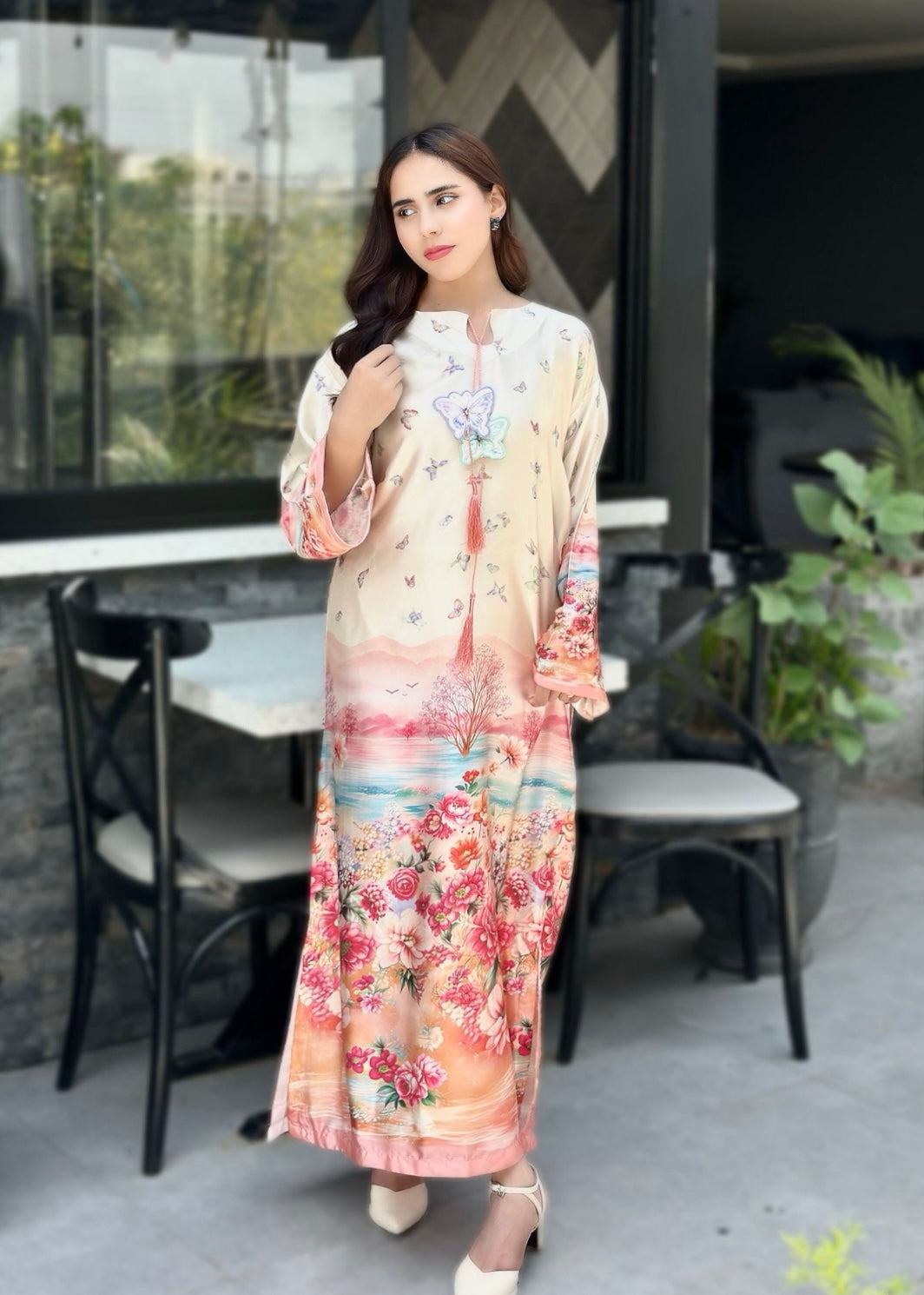 pk charmuse silk Kaftan in Ivory, champagne