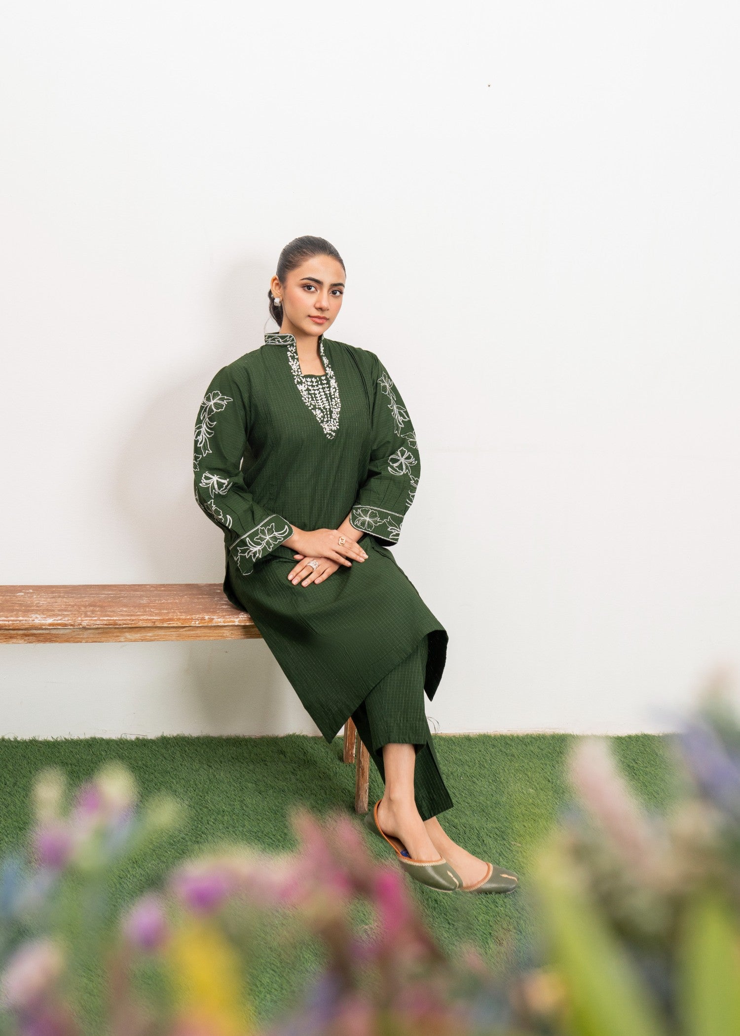 cambric Kurta Set in Dark green