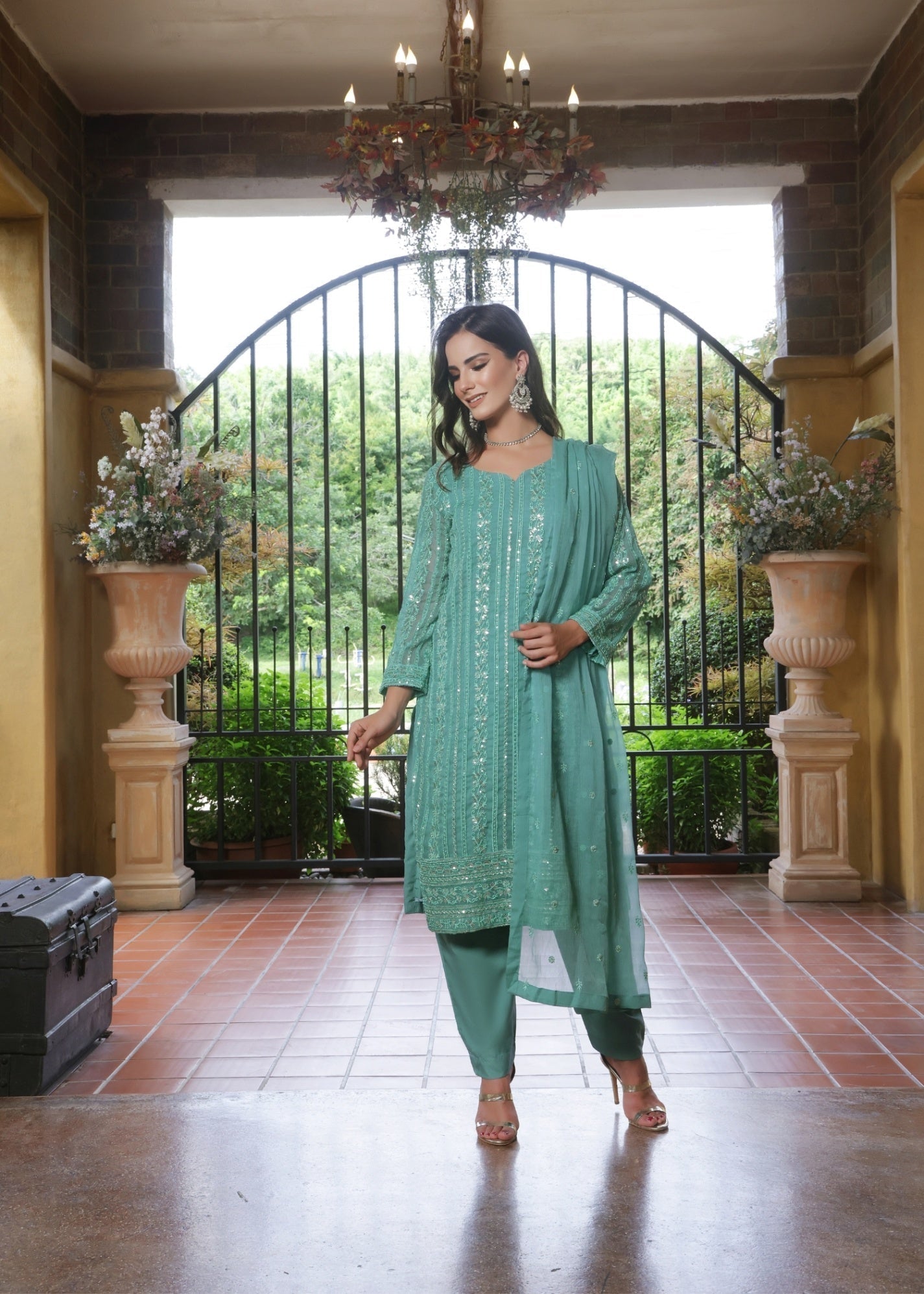 chiffon Kurta Set in Light cyan