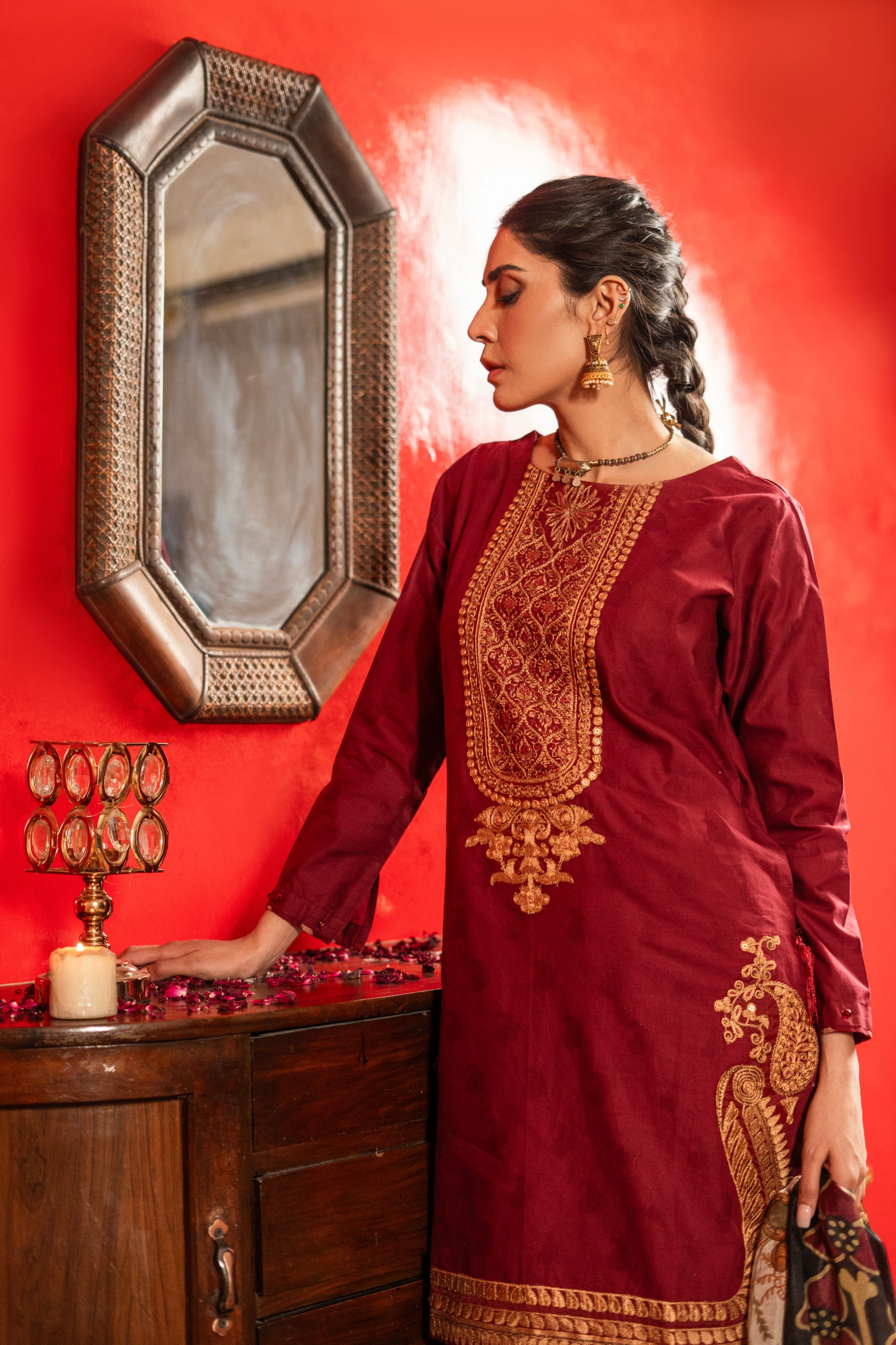 dobby Kurta Set in Maroon