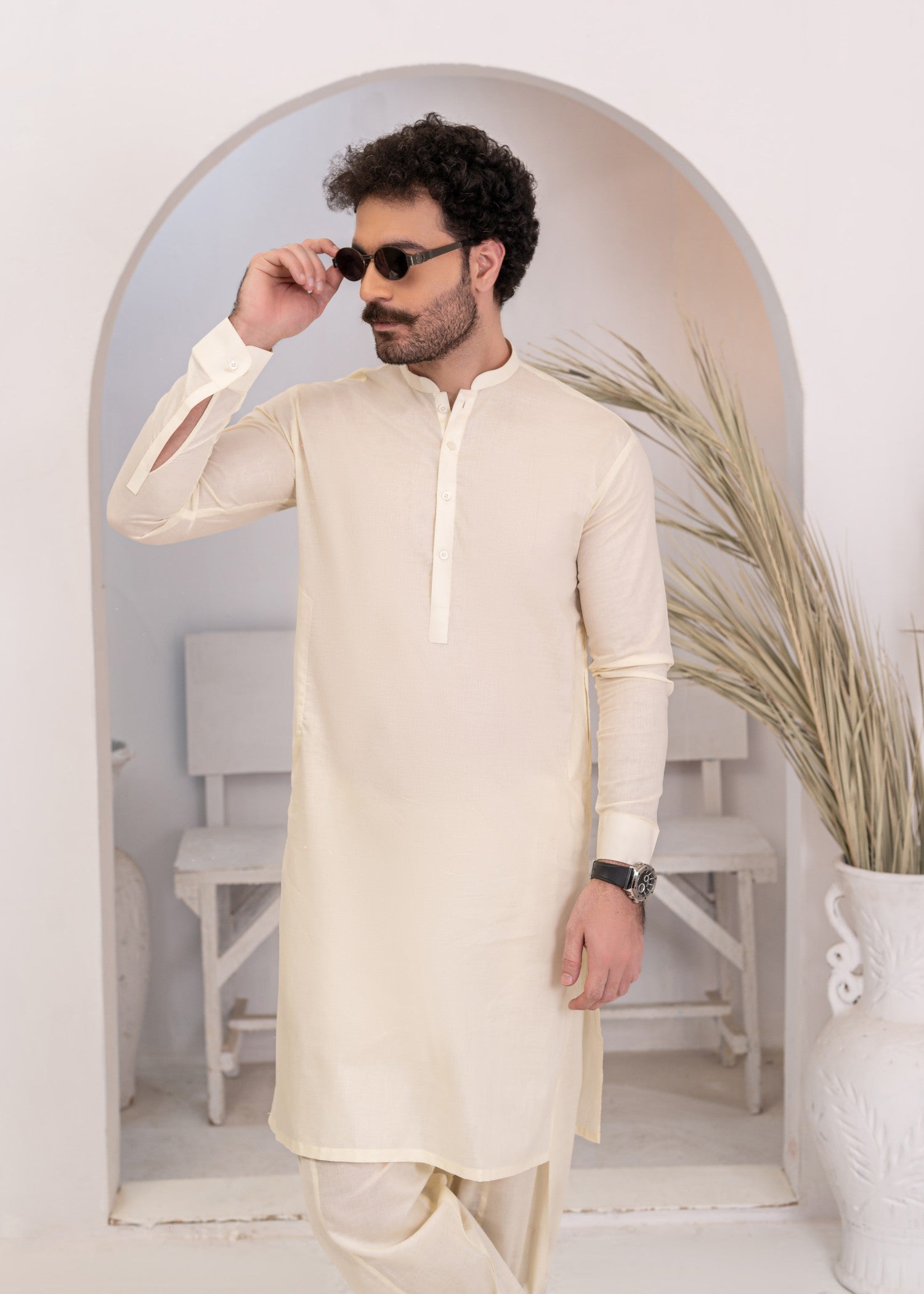cotton Shalwar Kameez in Cream by Hassan Jee Men