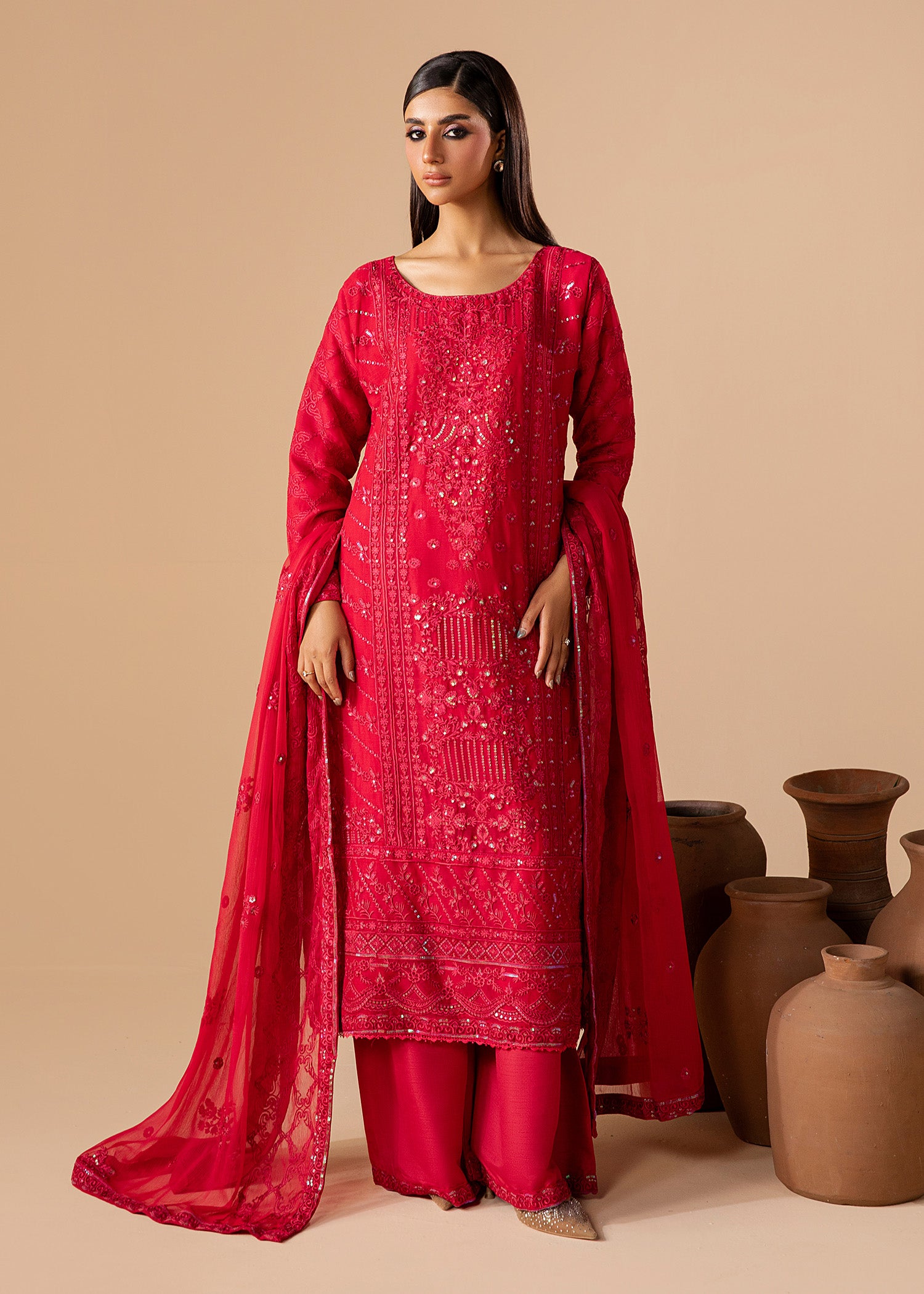 chiffon Kurta Set in Ruby red