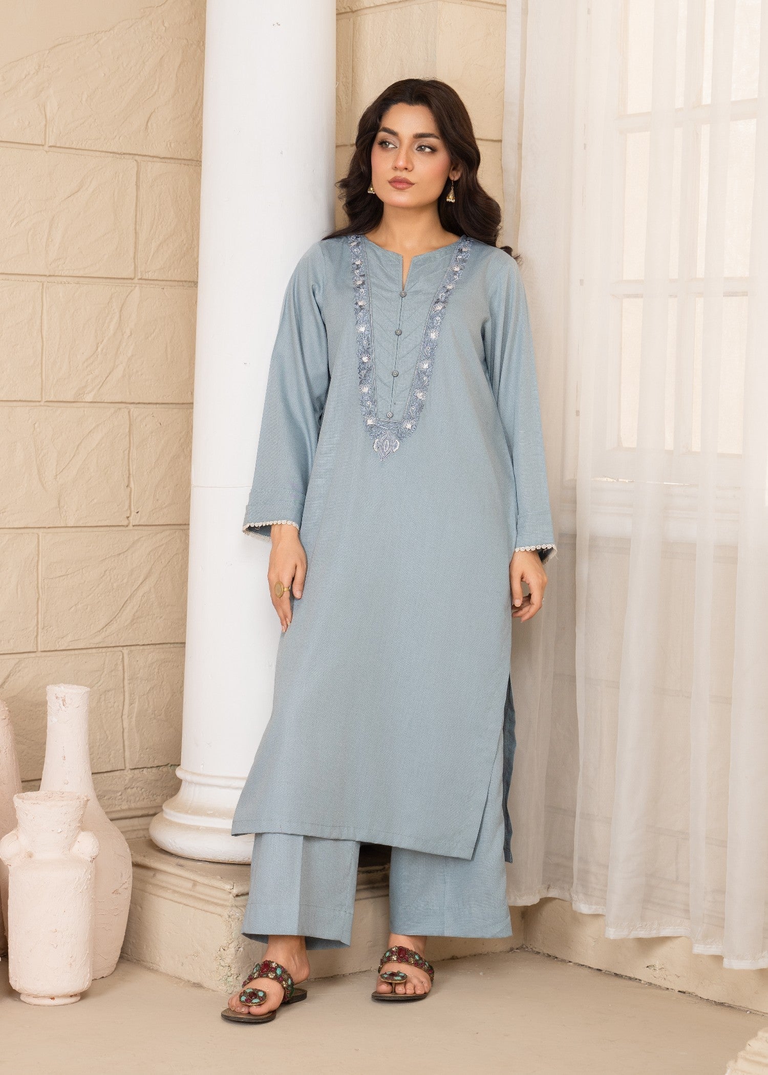 slub cambric Kurta Set in Frost blue