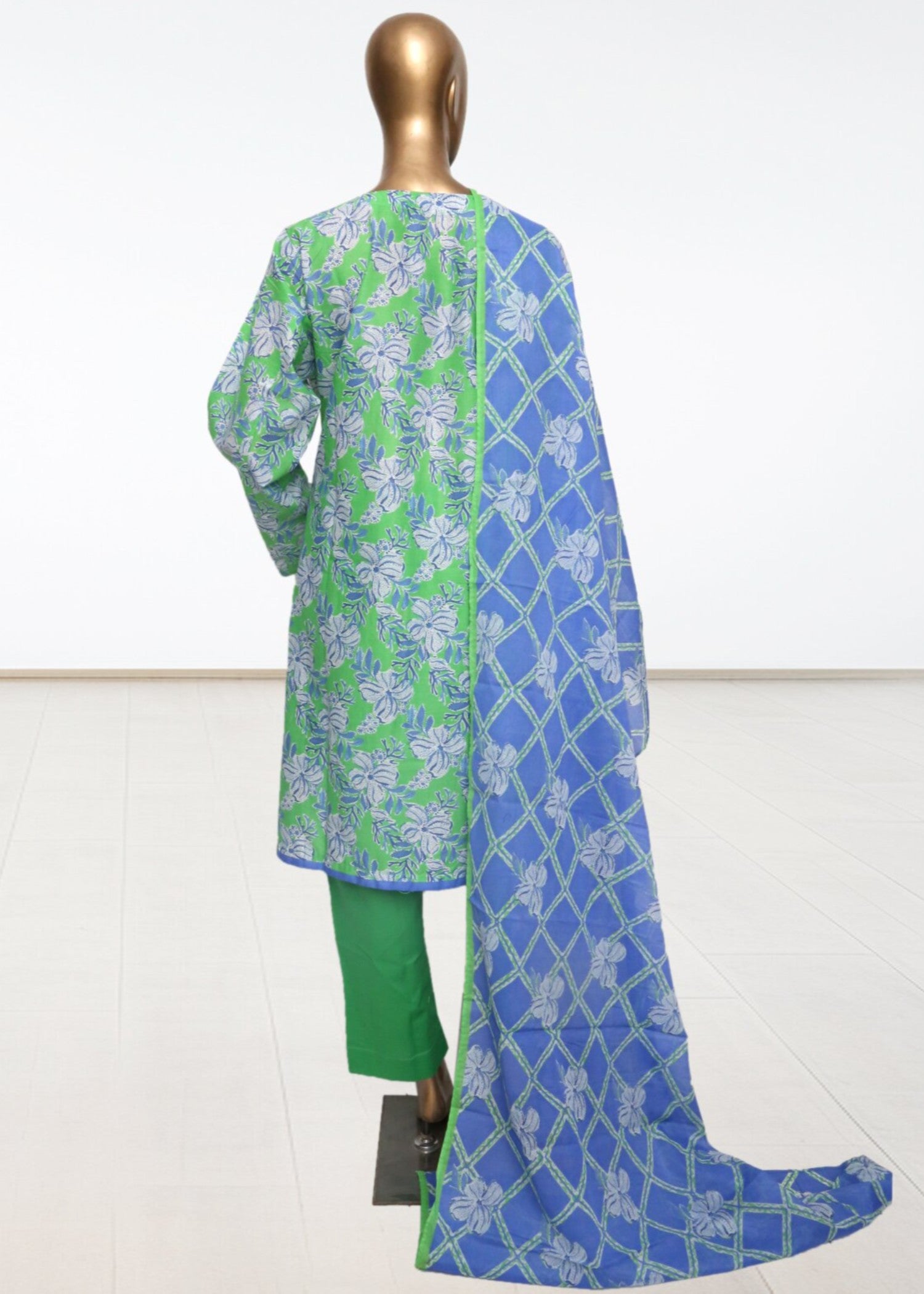 lawn Kurta Set in Cornflower blue, fern green