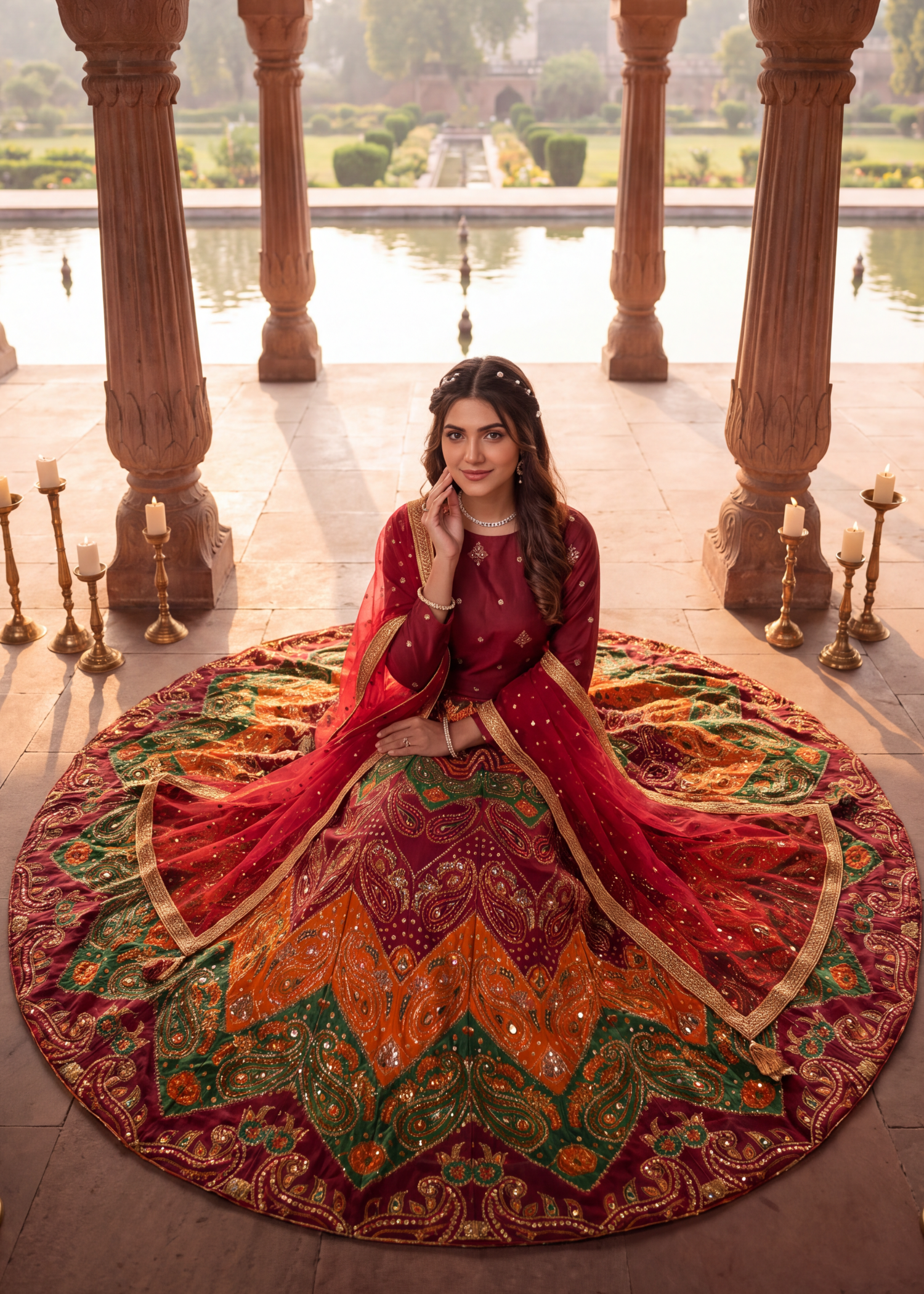 kattan silk Lehenga in Multi, maroon