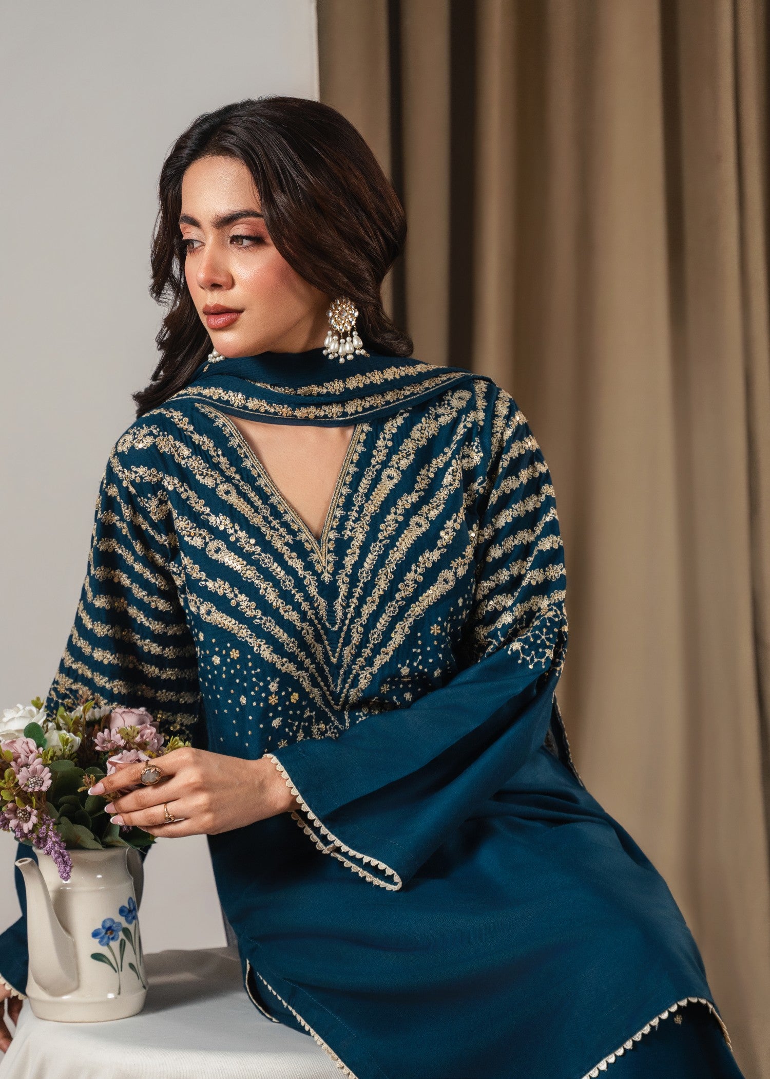 lawn Kurta Set in Ocean blue