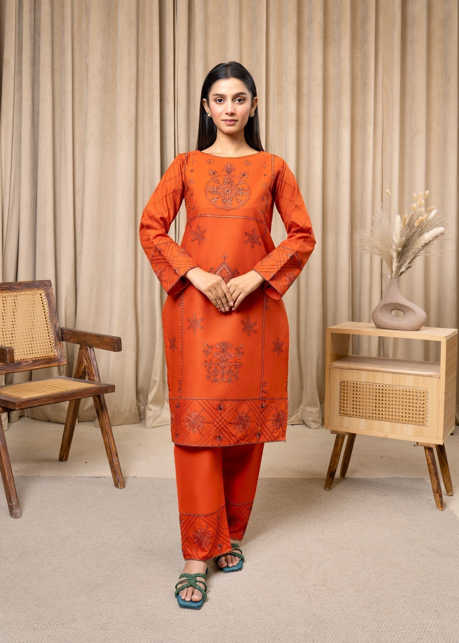 cotton Kurta Set in Pumpkin orange