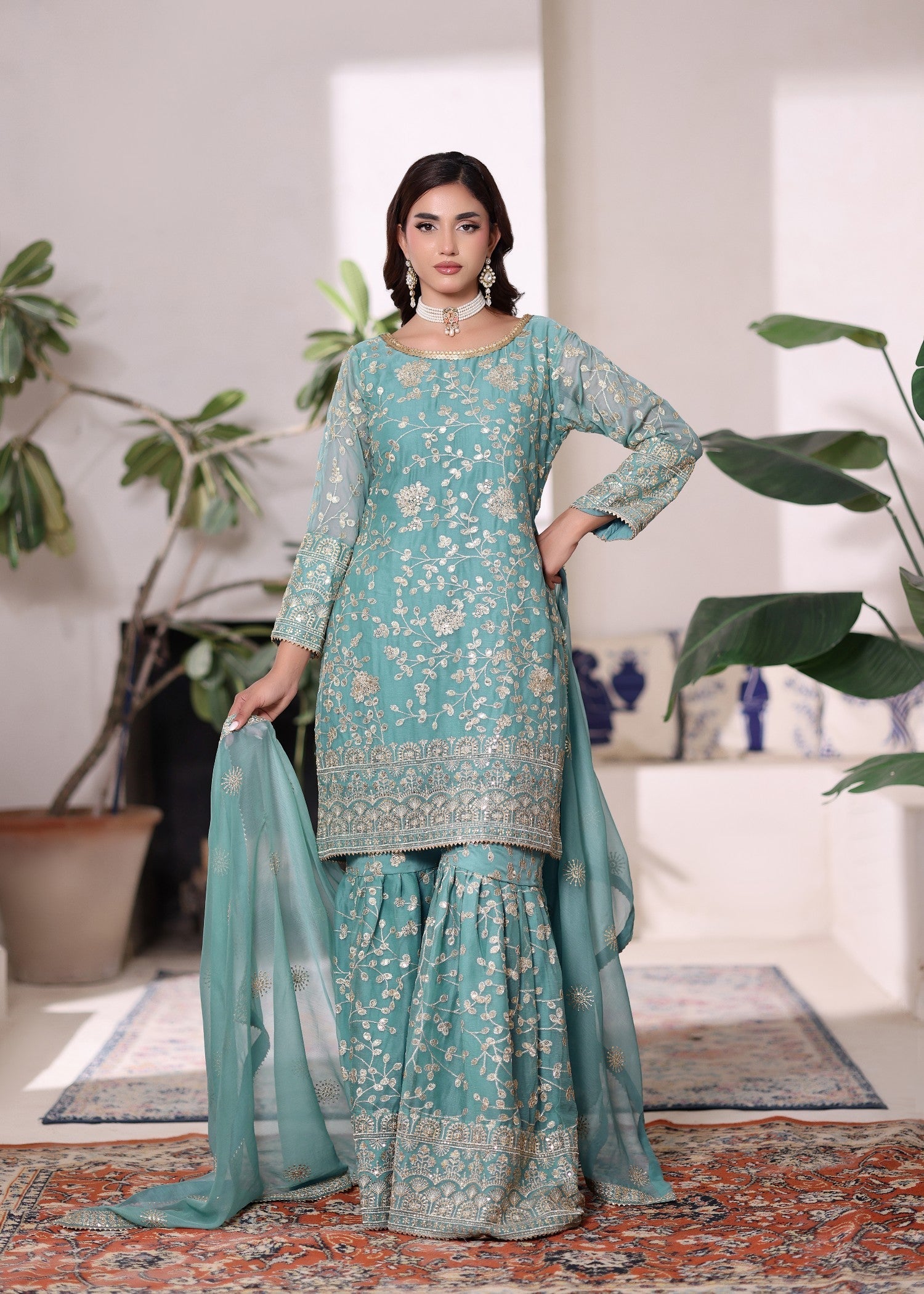 chiffon Gharara in Aquamarine