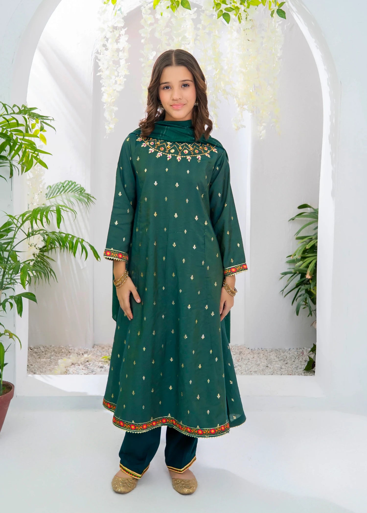 cotton jacquard Anarkali in Dark green