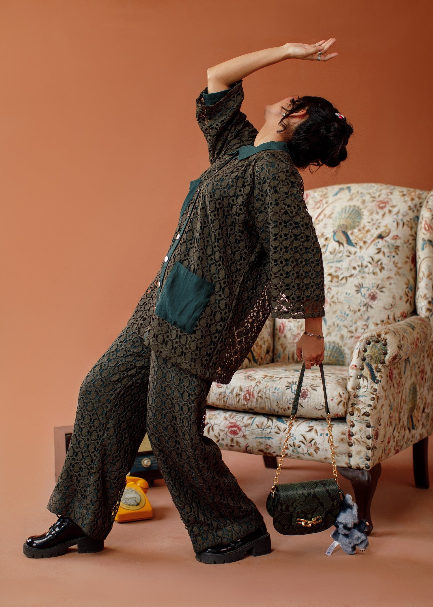 lace net Co Ord Sets in Olive green