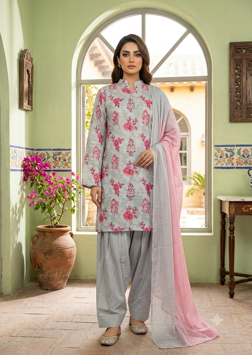 cotton Kurta Set in Grey