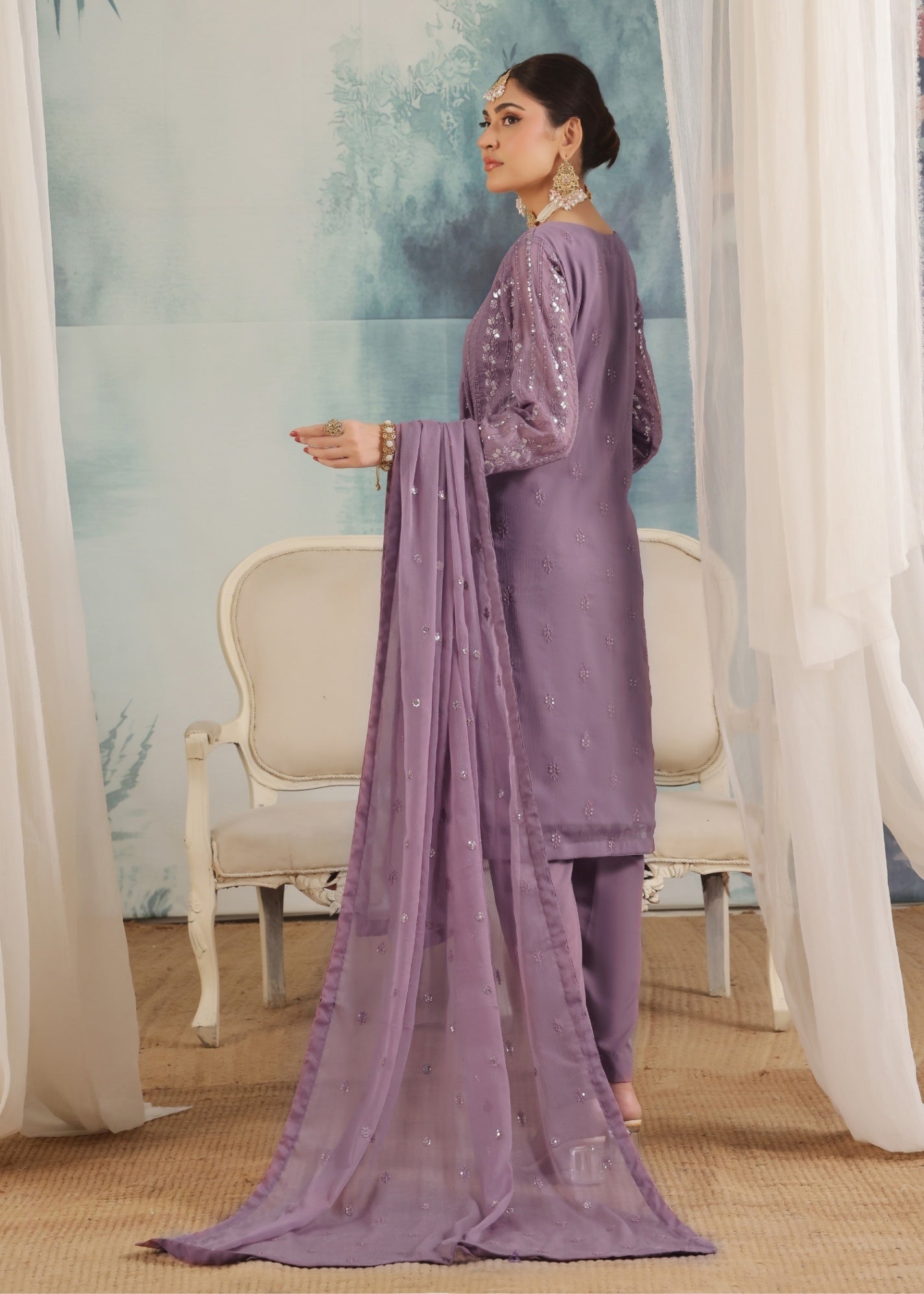 chiffon Kurta Set in Purple mountain majesty