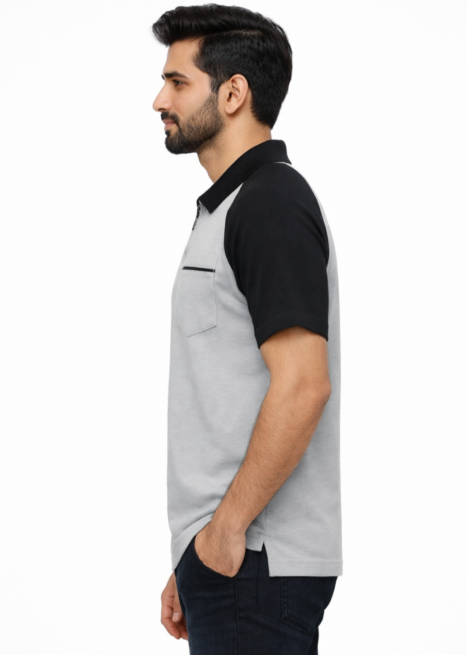 single jersey knit Polo Shirt in Ash grey, black