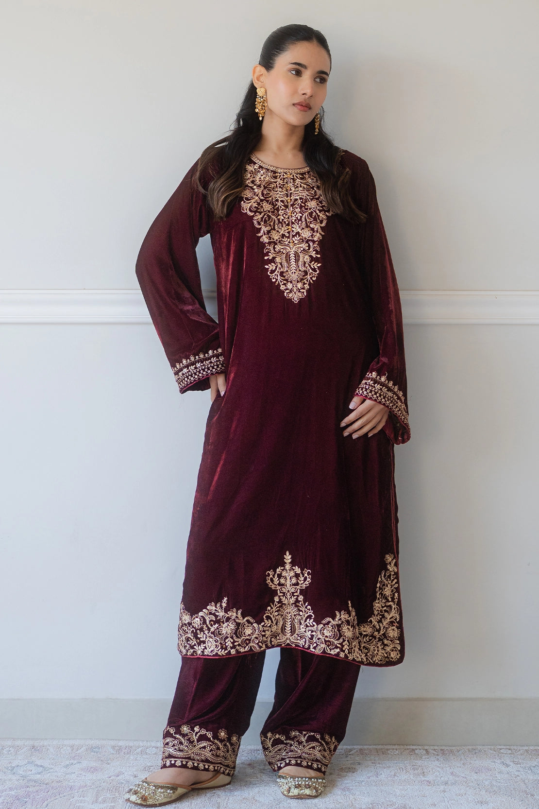 pashmina velvet Kurta Set in Cherry red