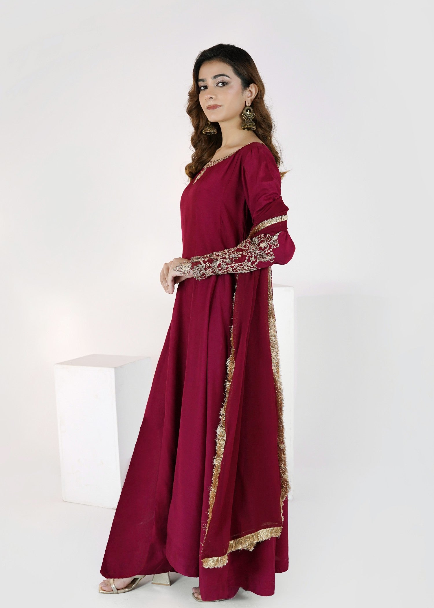 korean raw silk Maxi in Crimson