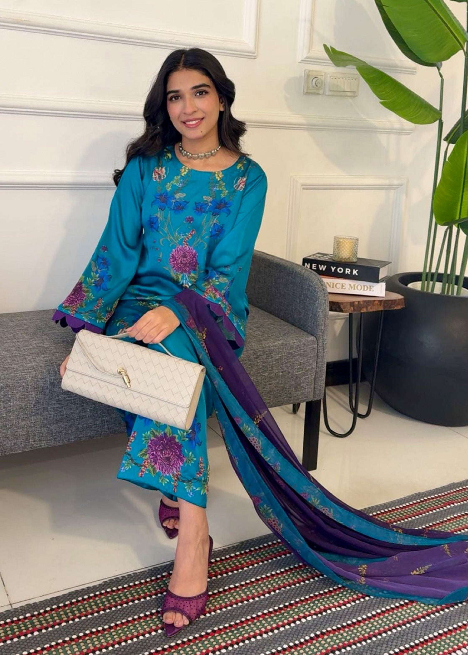 satin silk Kurta Set in Teal