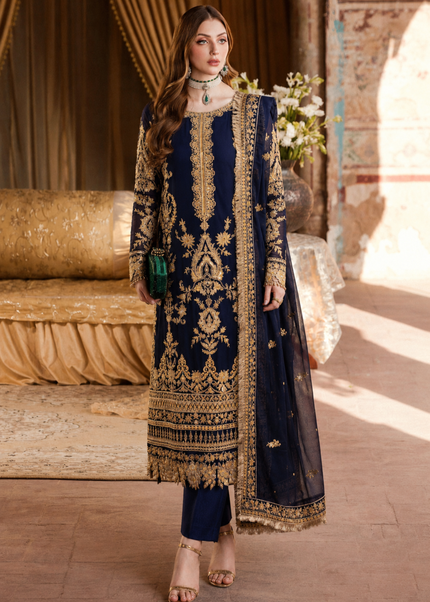bemberg crinkle chiffon Kurta Set in Moonlight blue