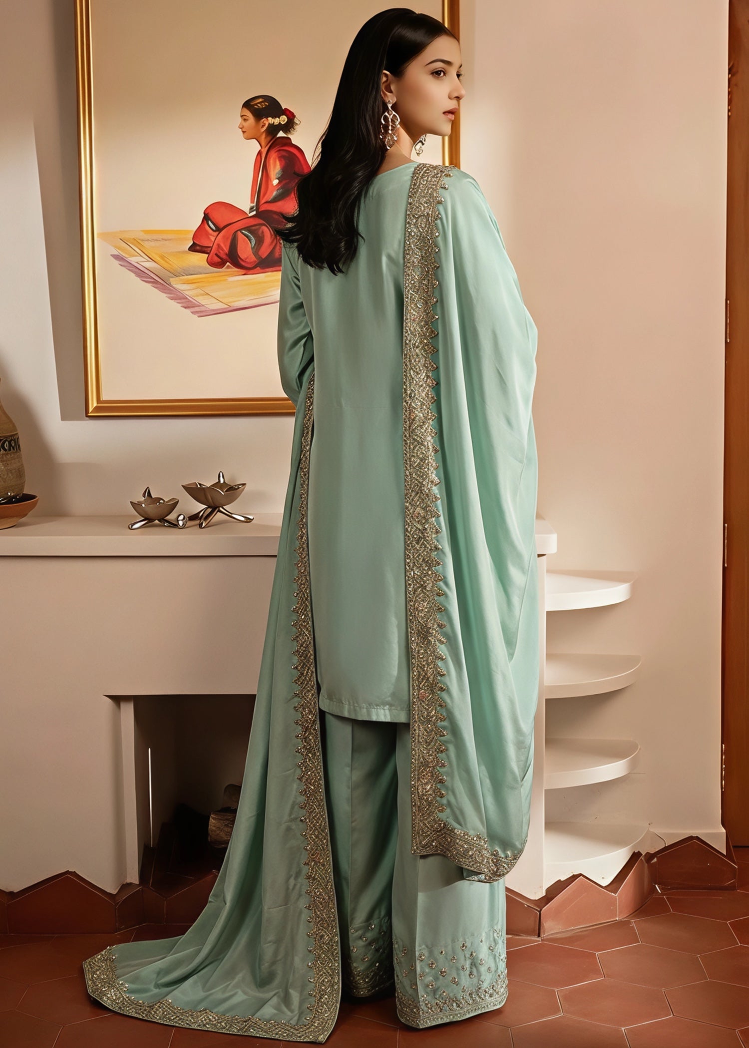 silk Kurta Set in Moss green
