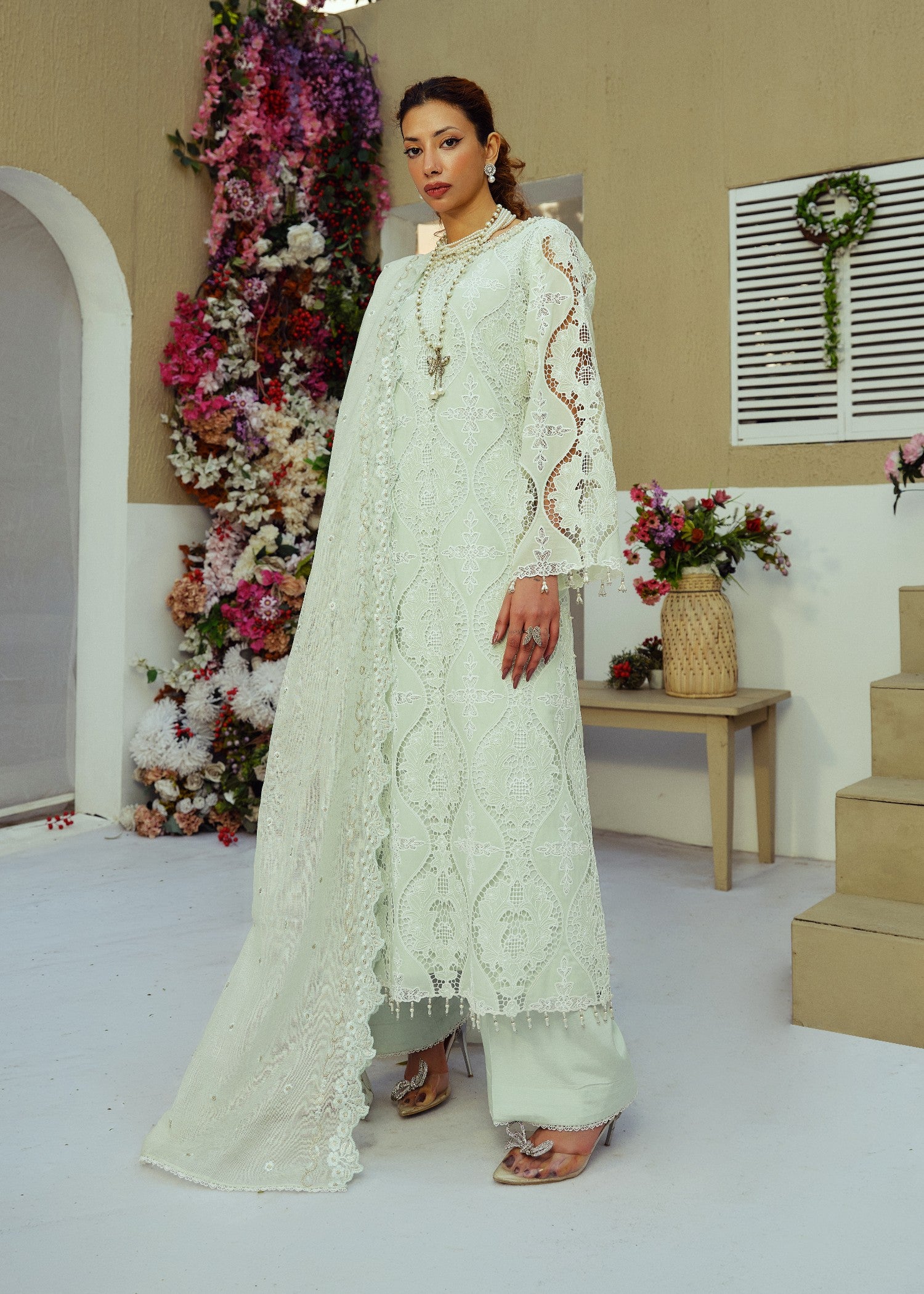 schiffli Kurta Set in Tea green