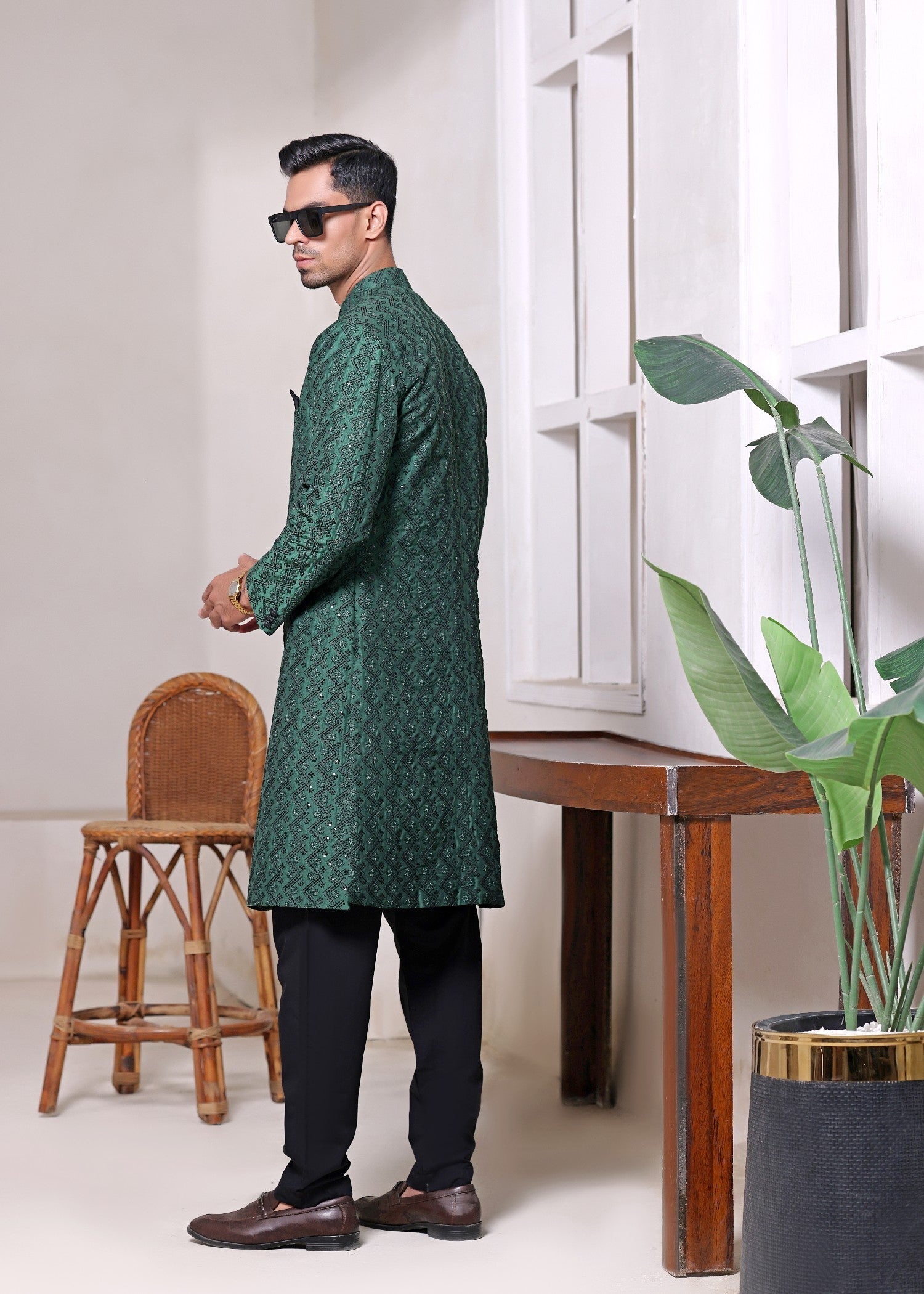 raw silk Sherwani in Green
