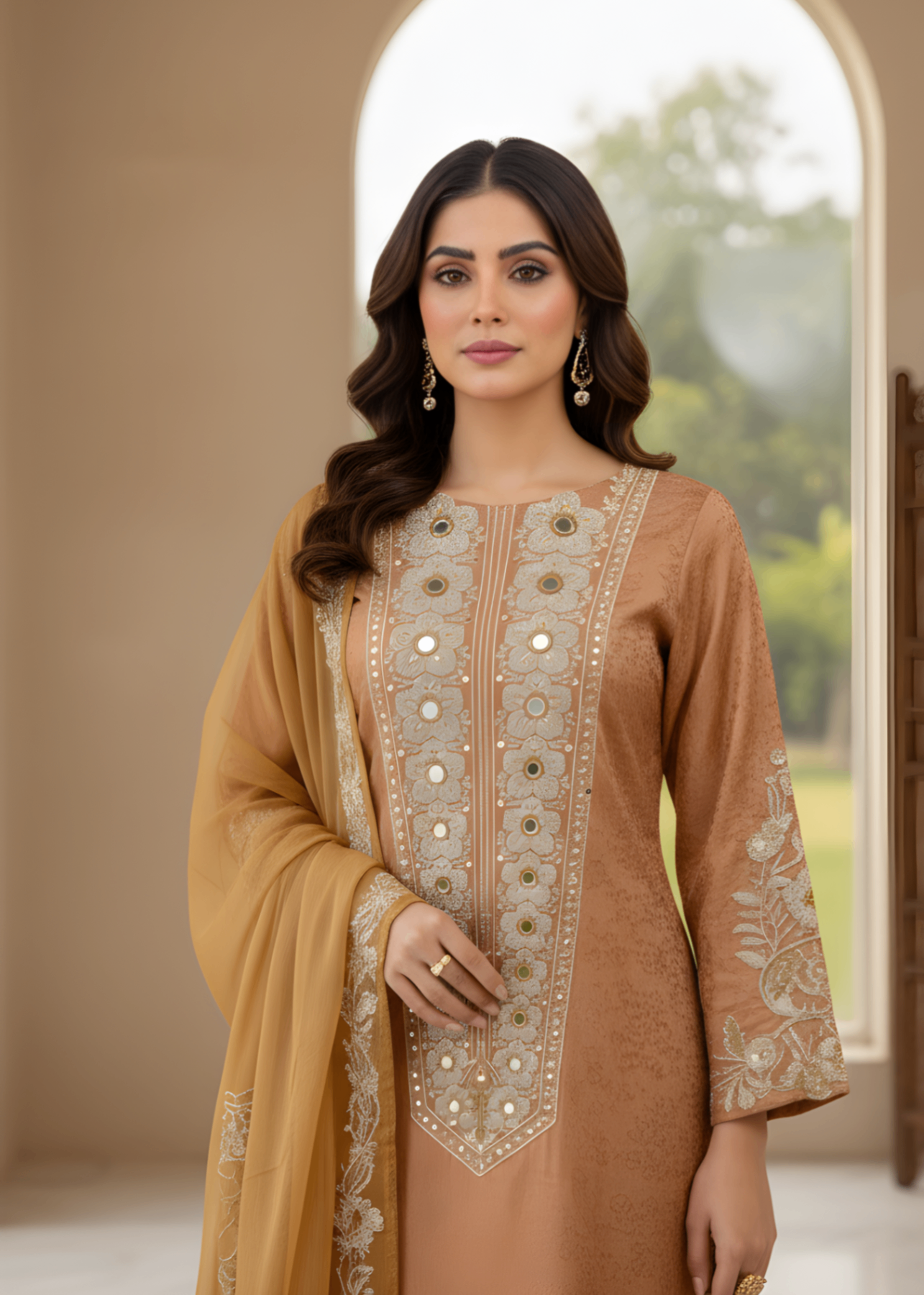 jacquard viscose Kurta Set in Brown