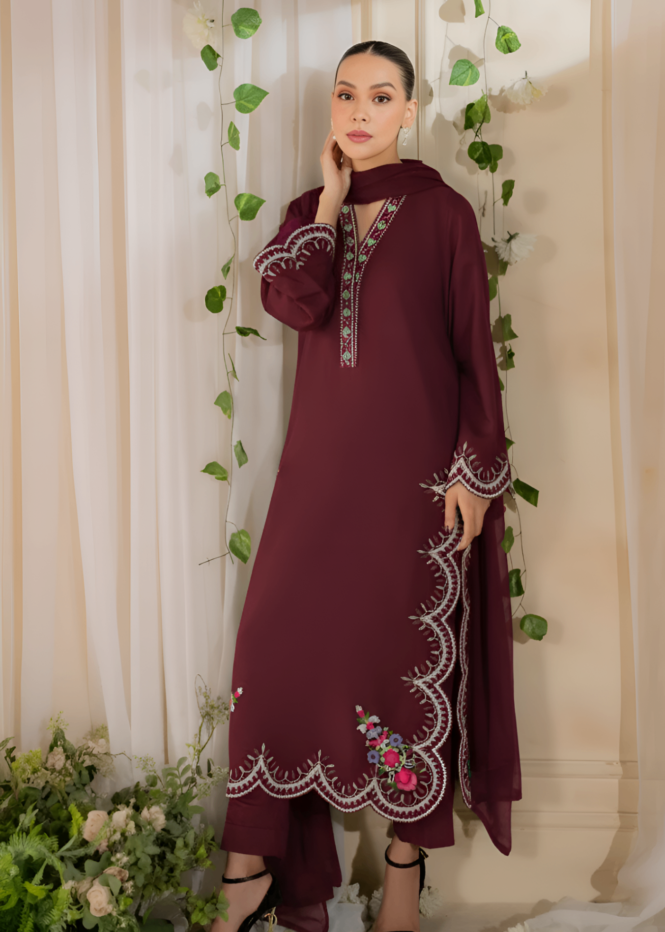 linen Kurta Set in Maroon