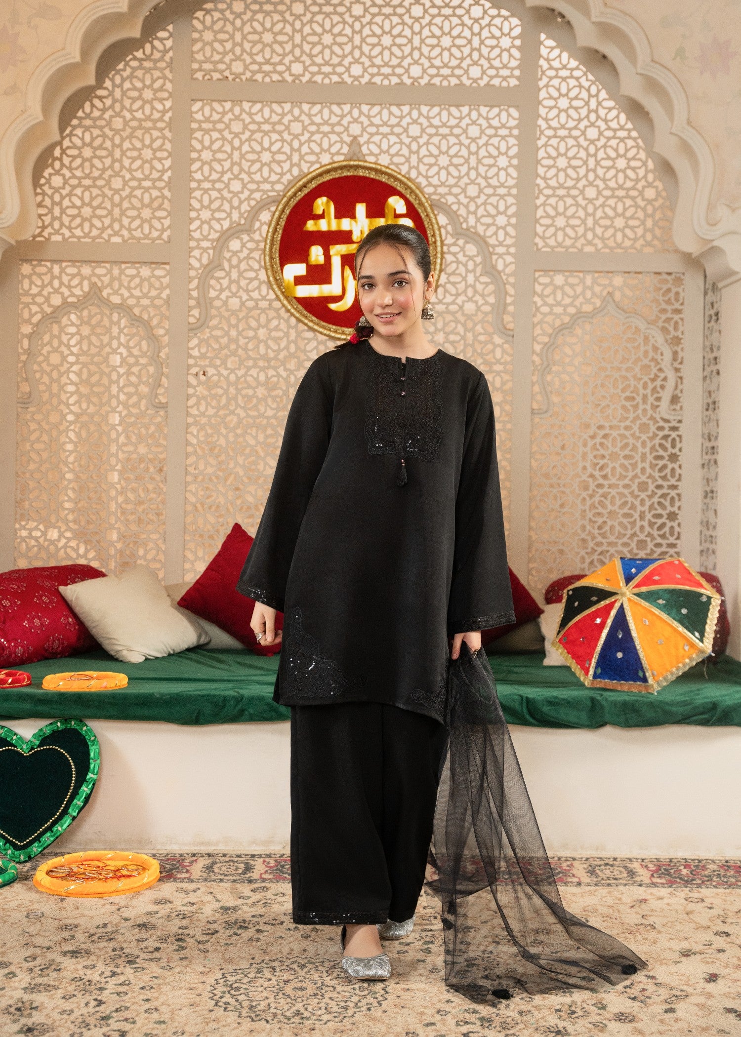 poly silk cotton net Kurta Set in Black