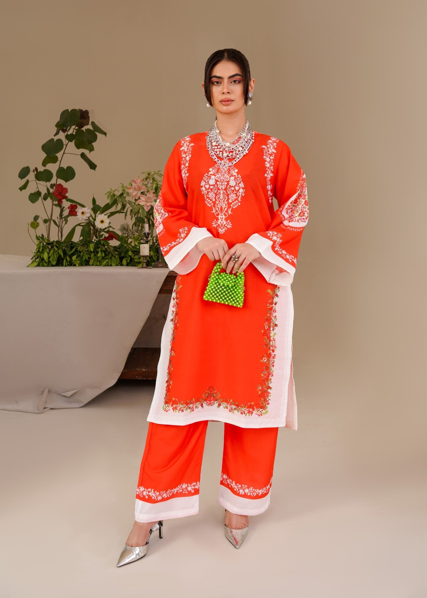 crepe Kurta Set in Red