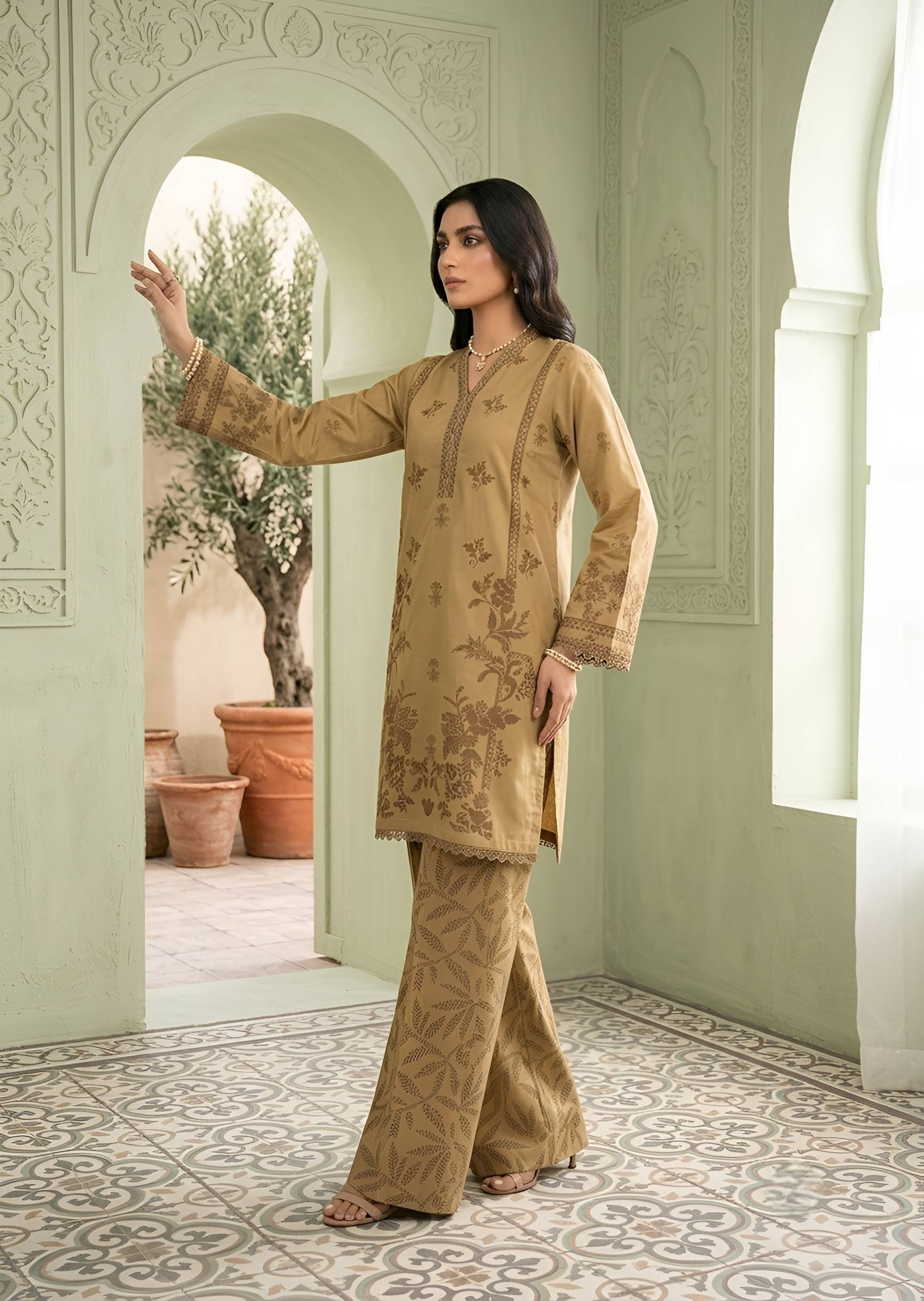 poly lawn Kurta Set in Peanut