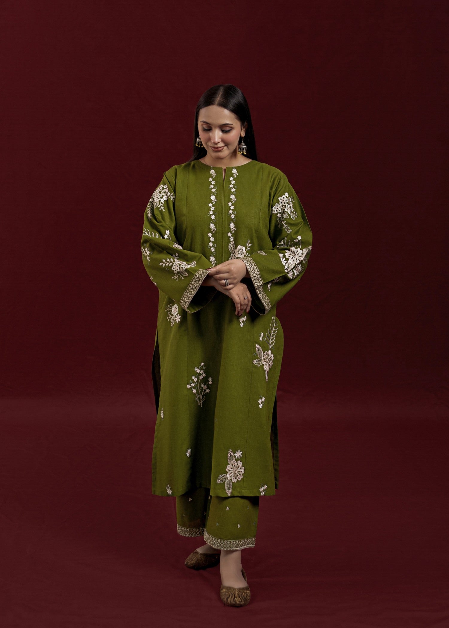 slub khaddar Kurta Set in Olive green