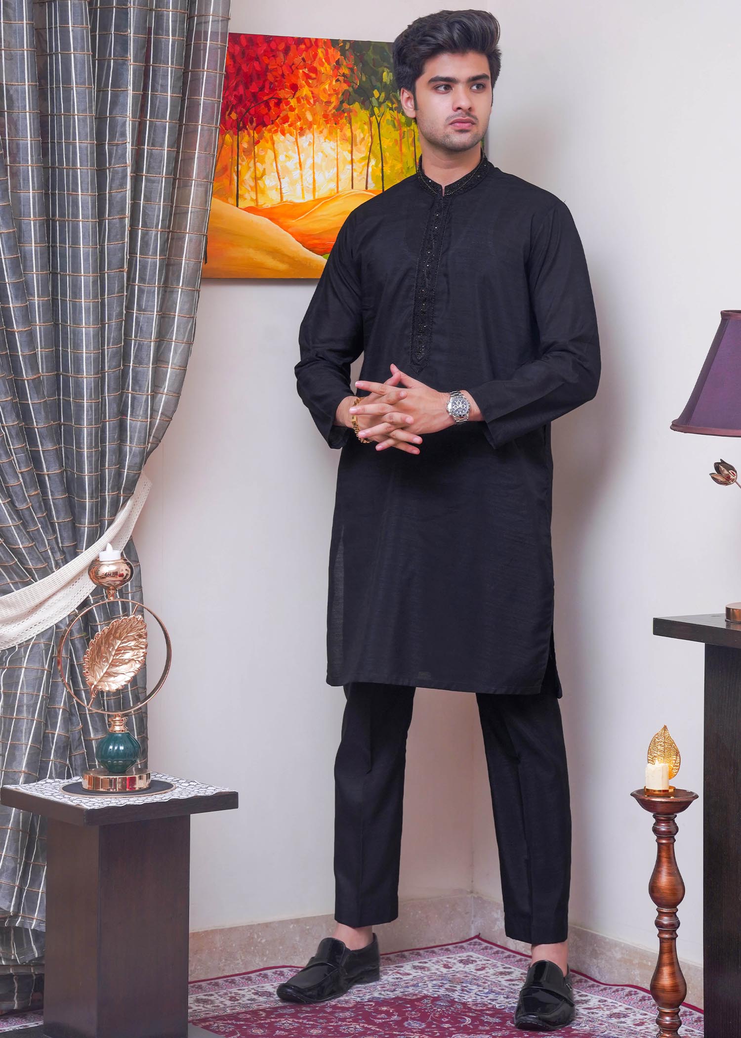 raw silk Kurta Set in Black by Real Image Clothing