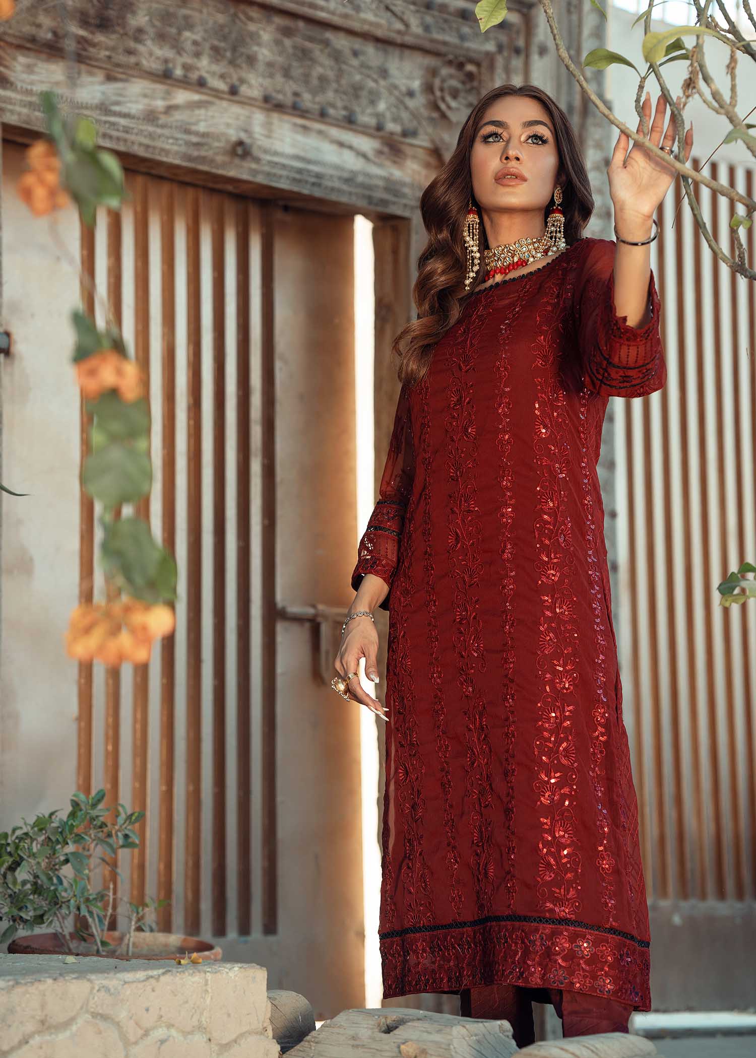 chiffon Unstitched in Maroon