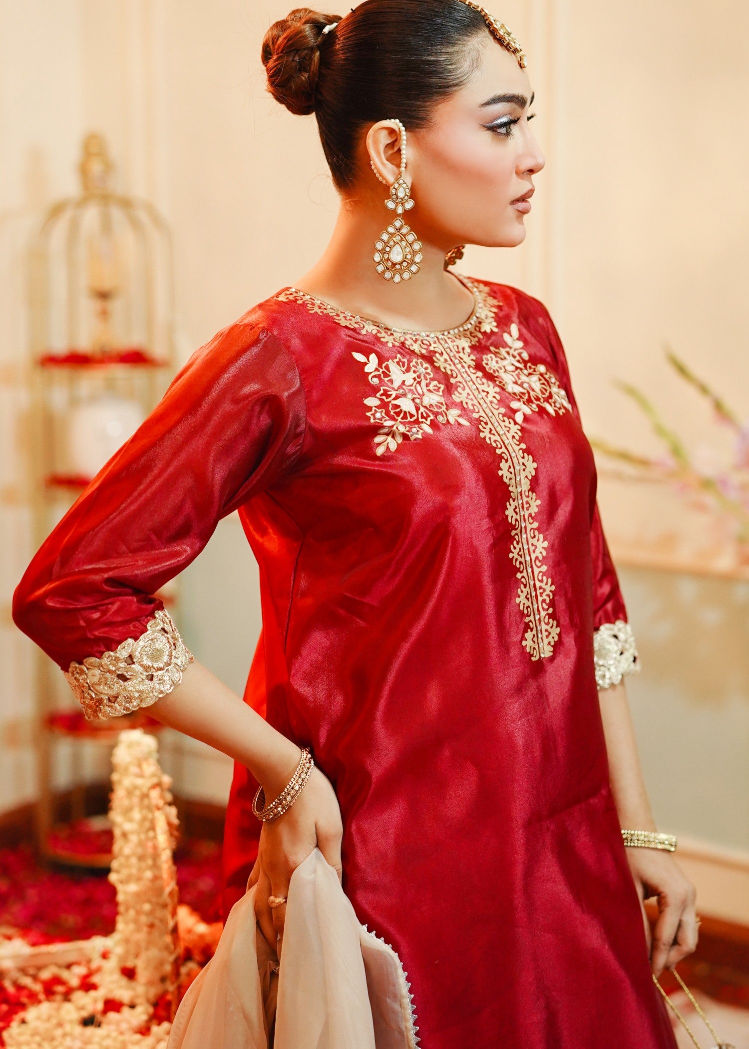 korean raw silk Kurta Set in Red, gold