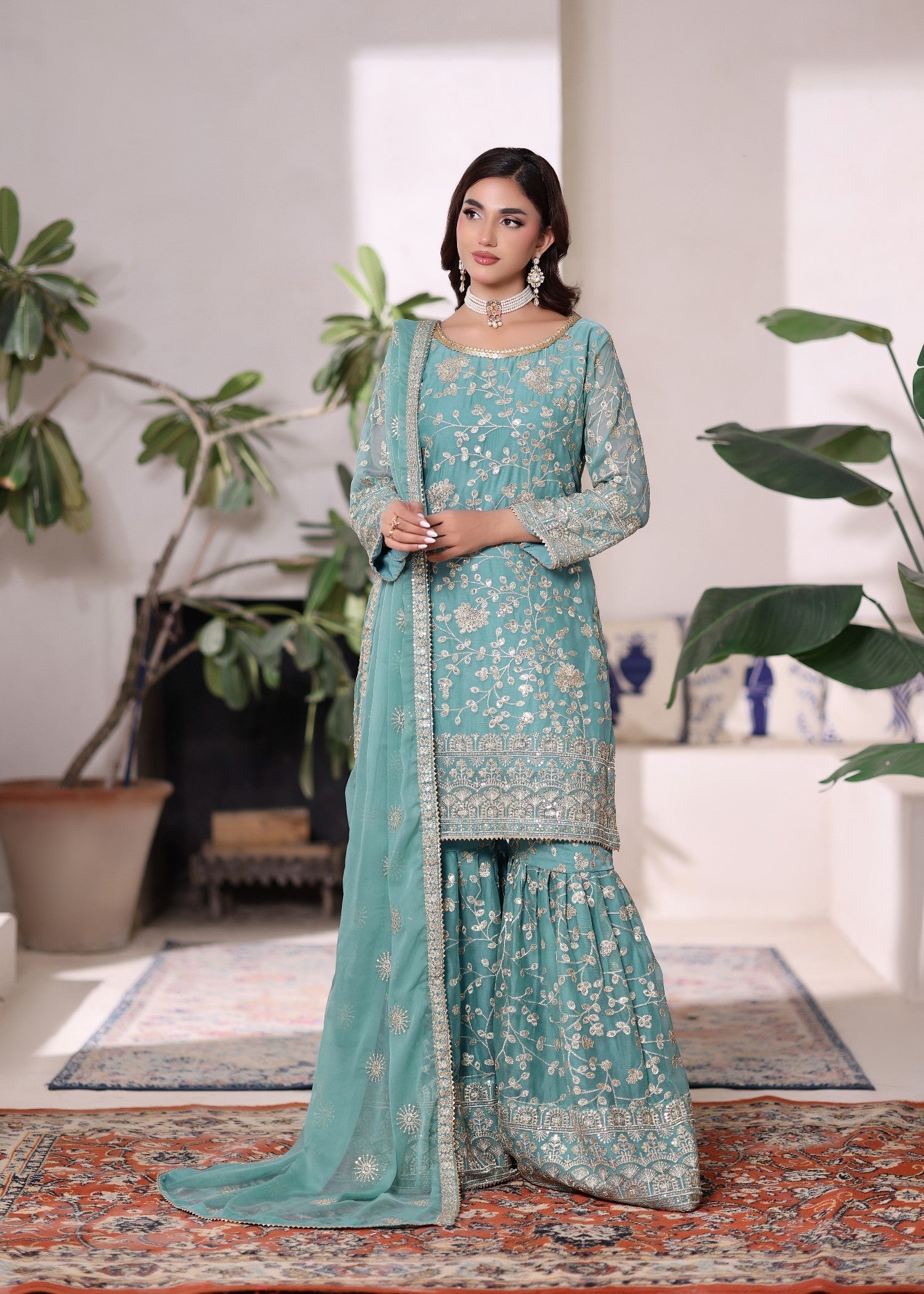 chiffon Gharara in Aquamarine